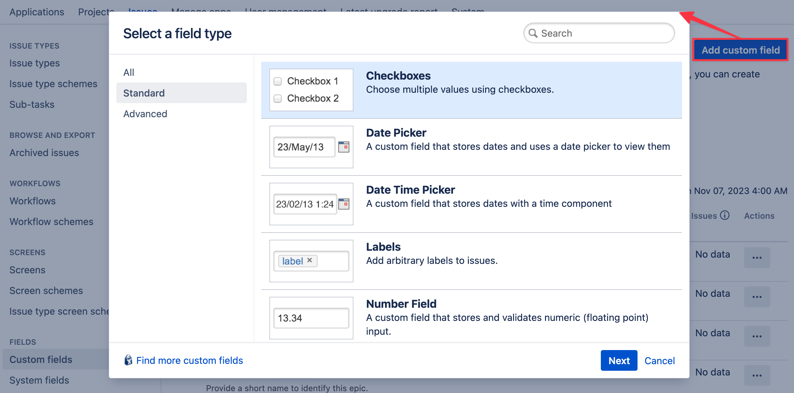 Add custom field button dialog box