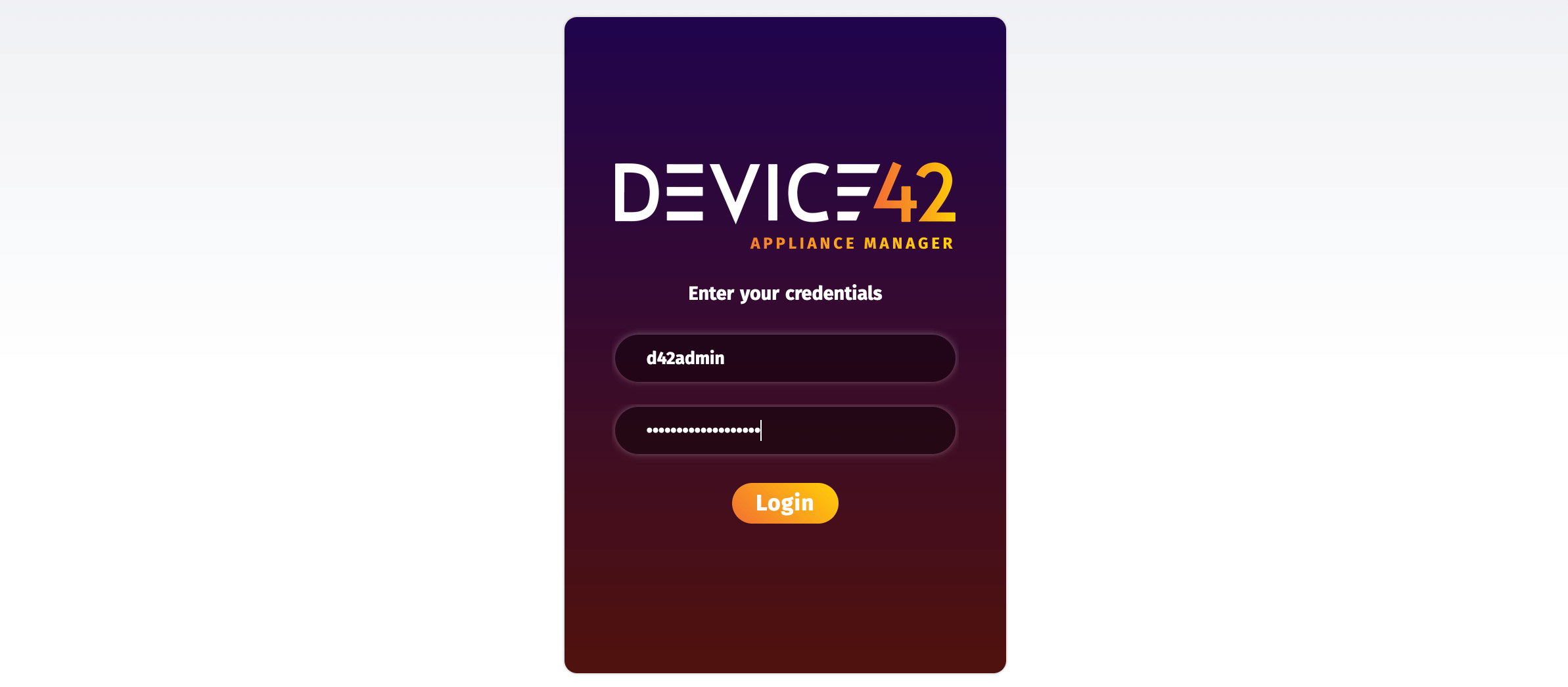 Appliance Manager login screen