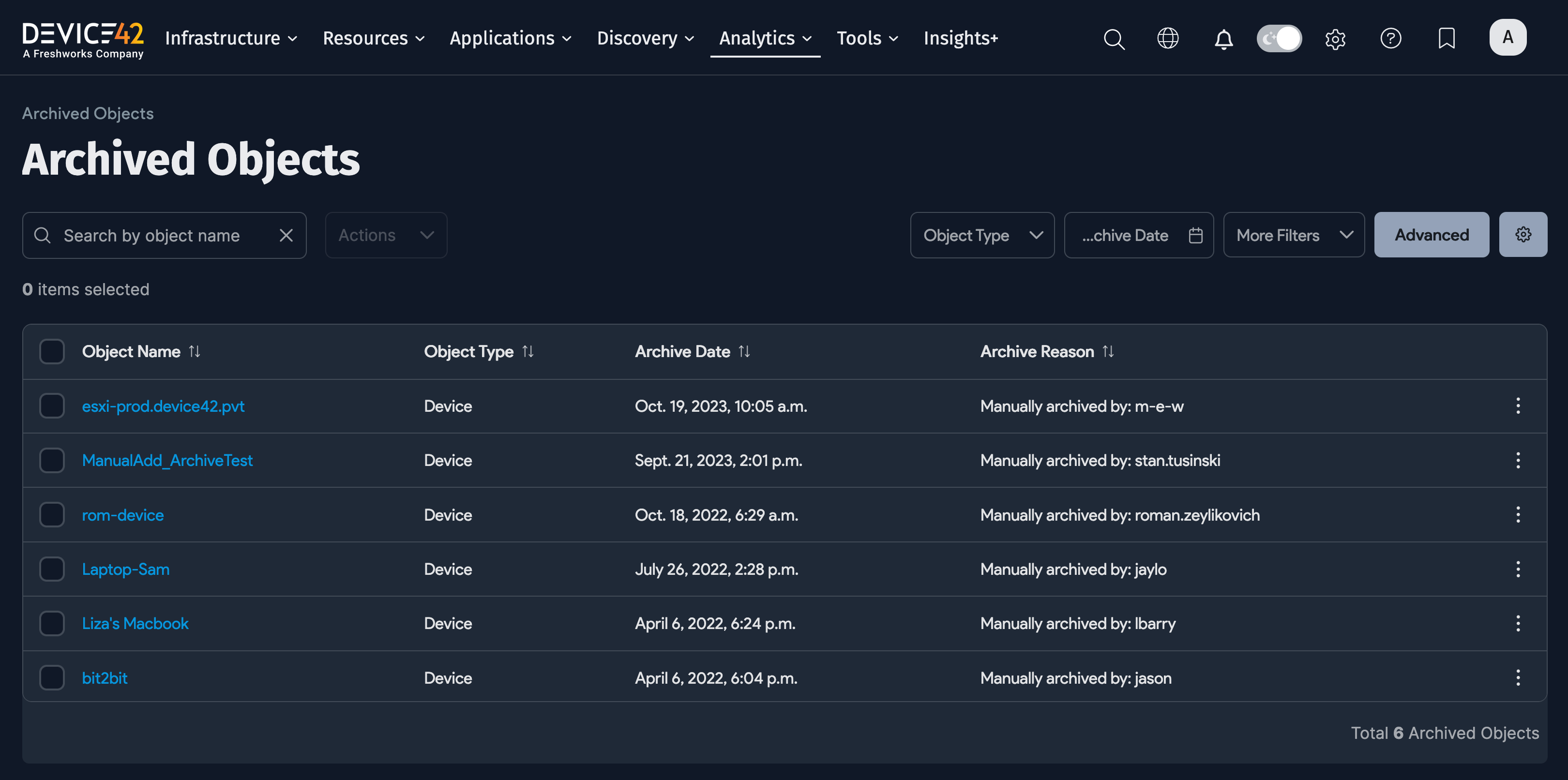 Archived objects list