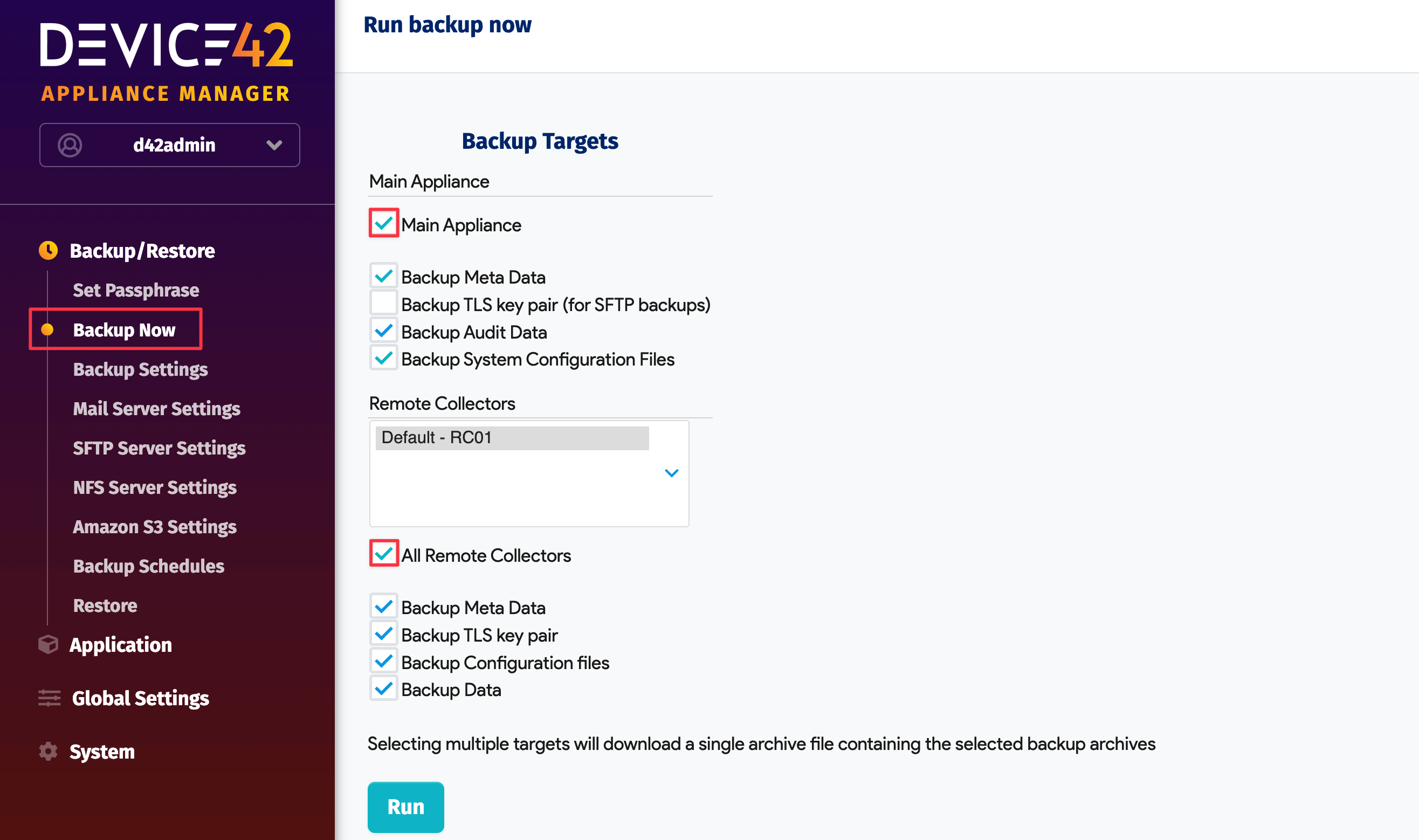 Backup settings on the Appliance Manager