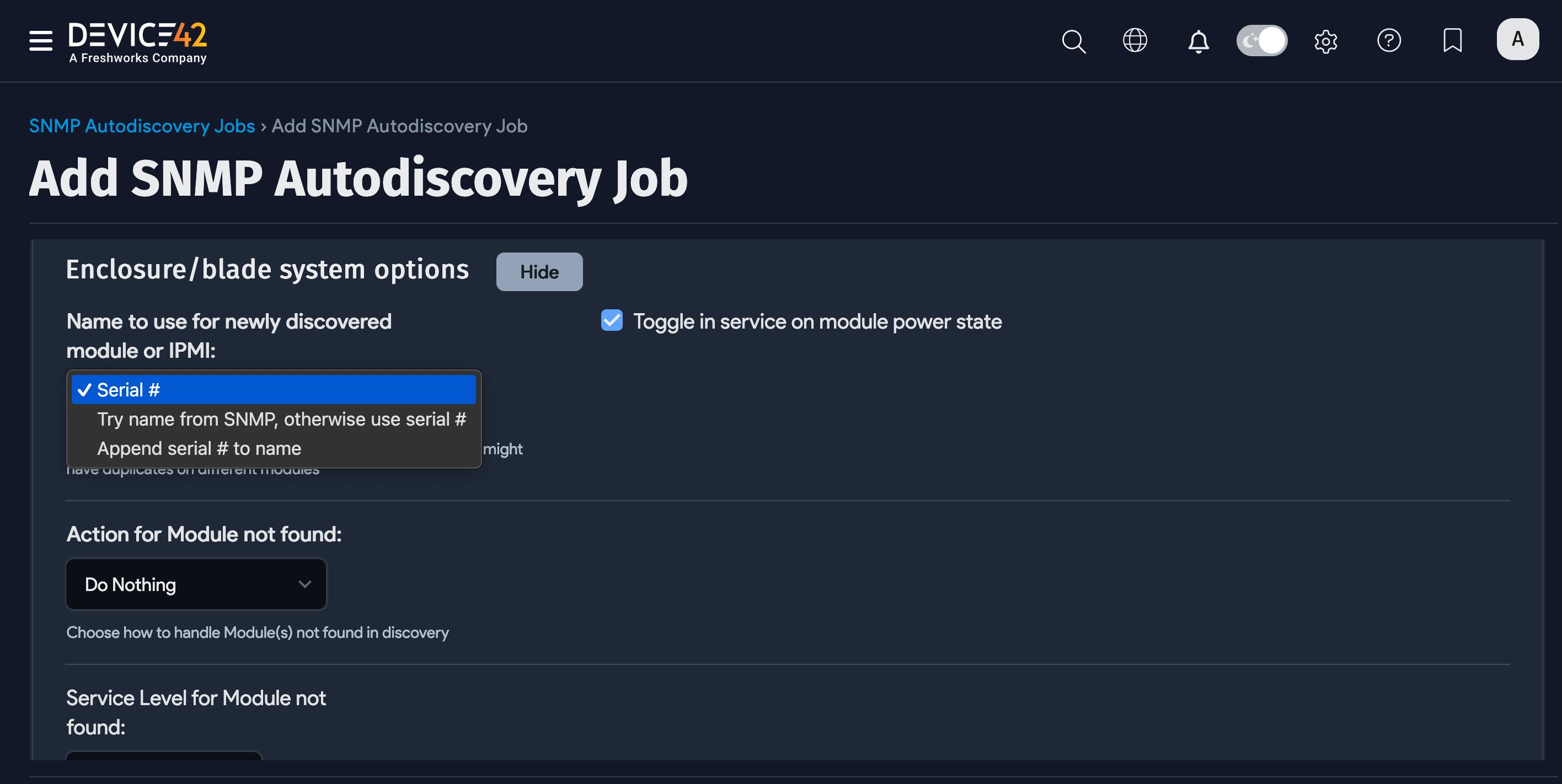 Enclosure/blade system options section