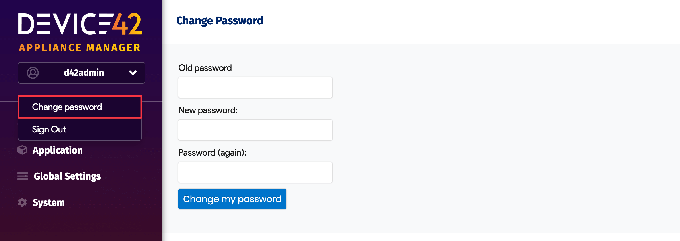 Change Password screen in Appliance Manager