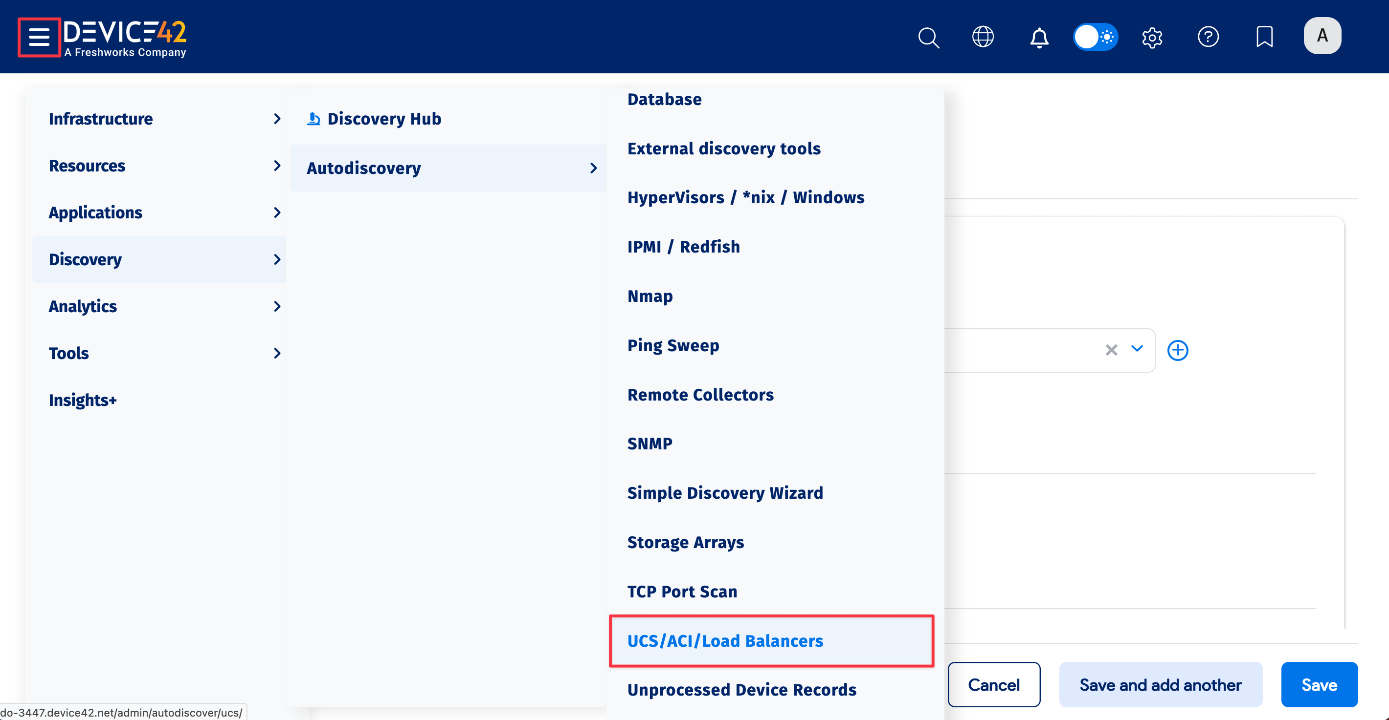 The UCS/ACI/Load Balancers menu
