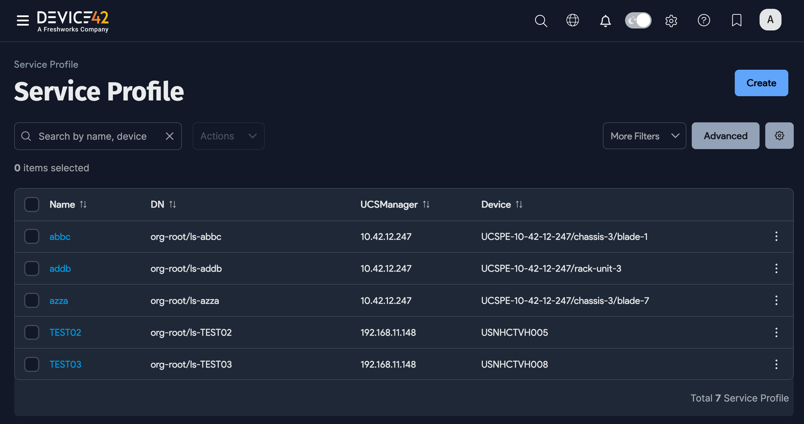 Service profile list