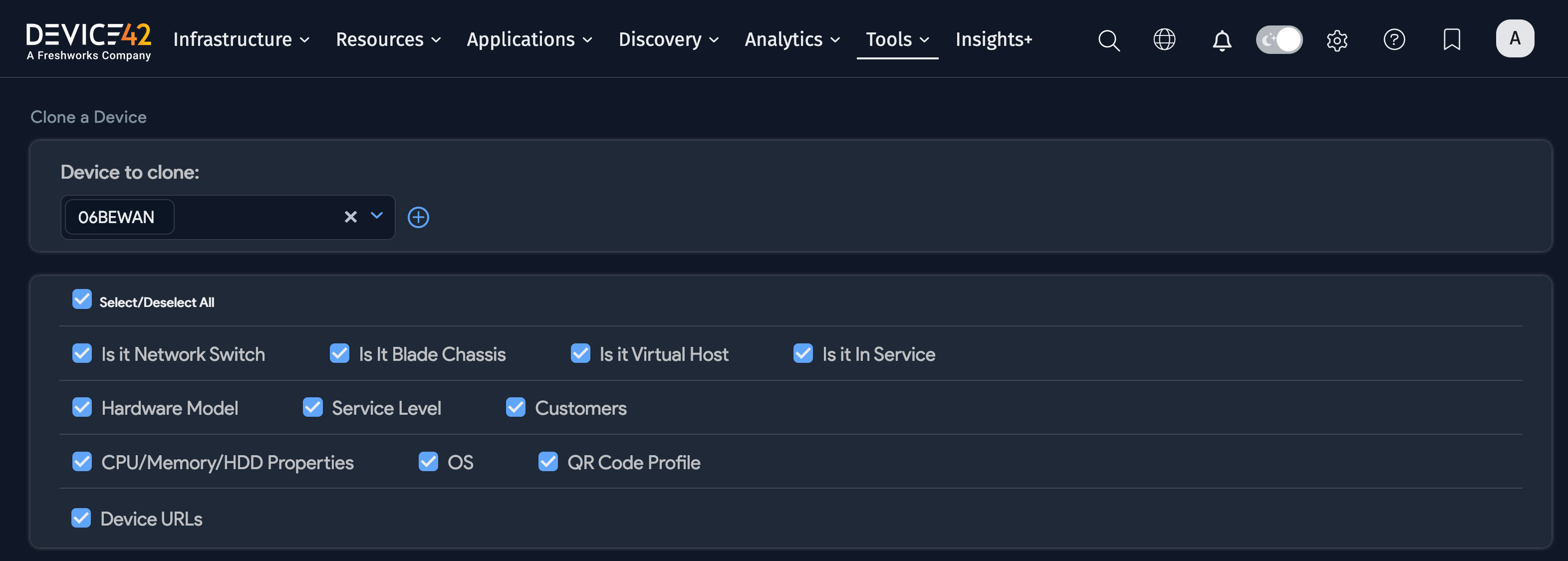Device to Clone's name and properties
