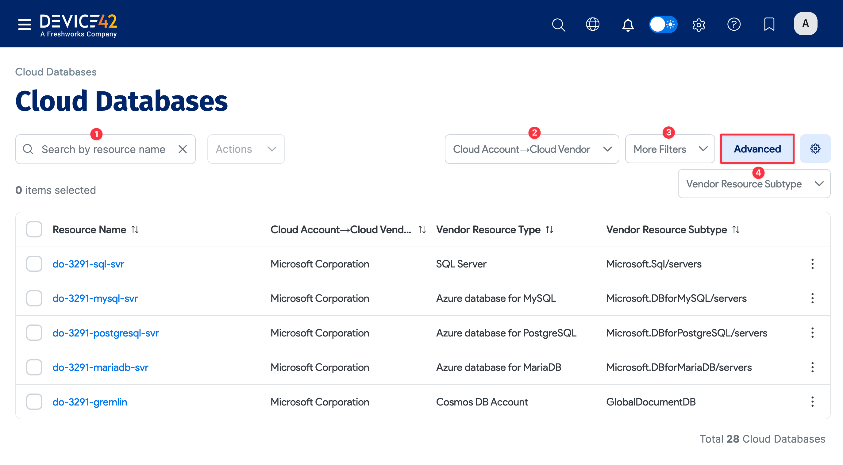 Cloud Databases list page