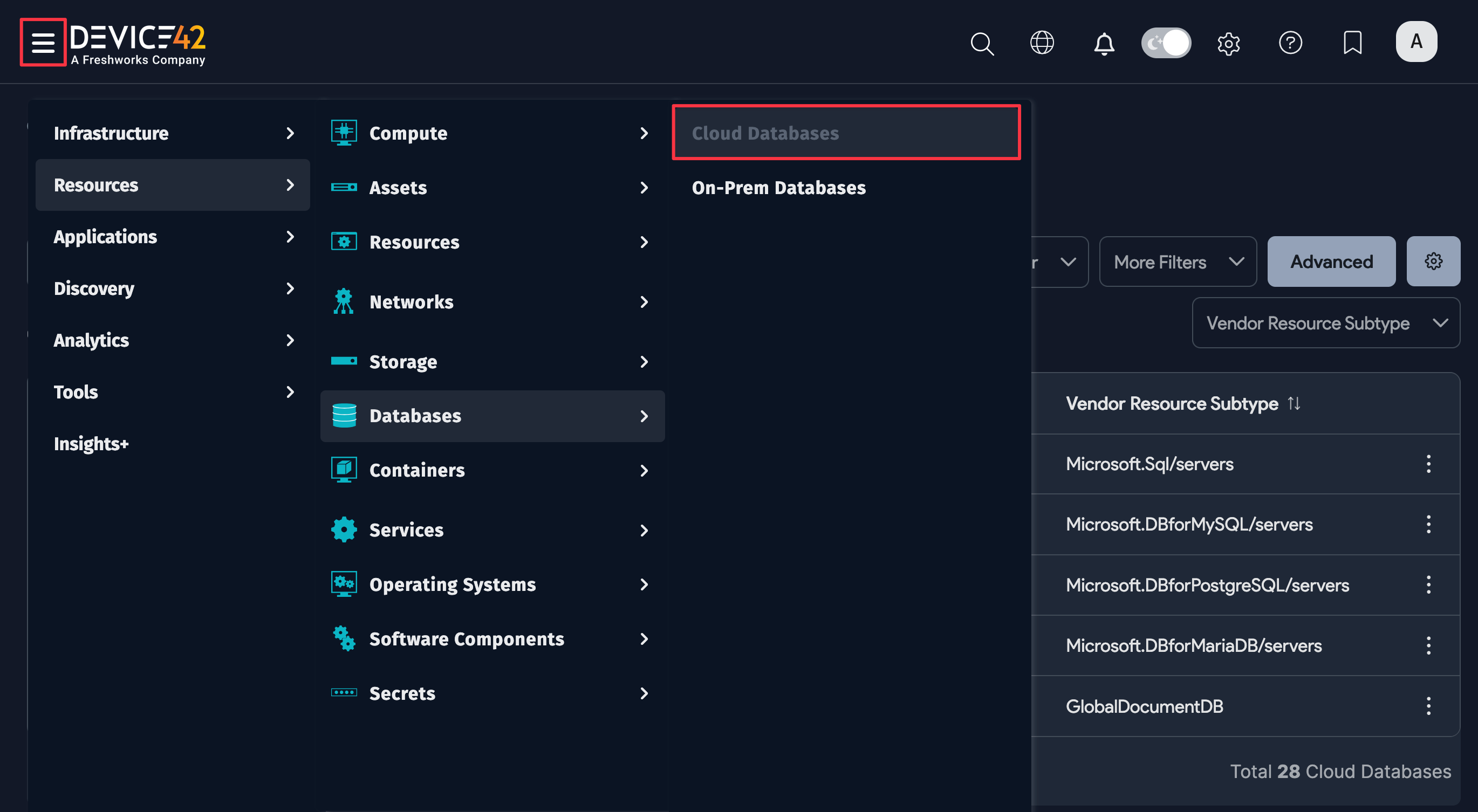 Cloud Databases menu