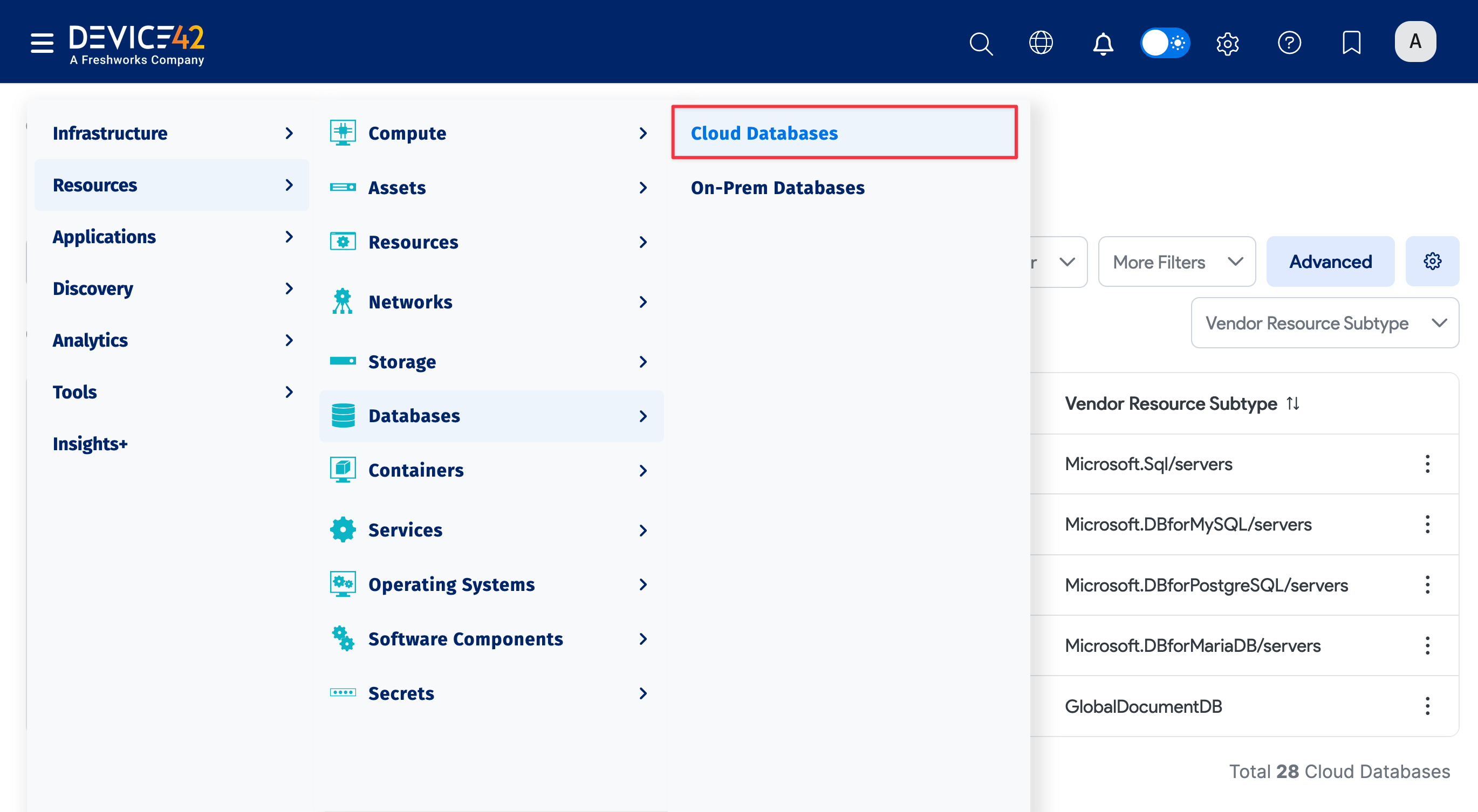 Cloud Databases menu