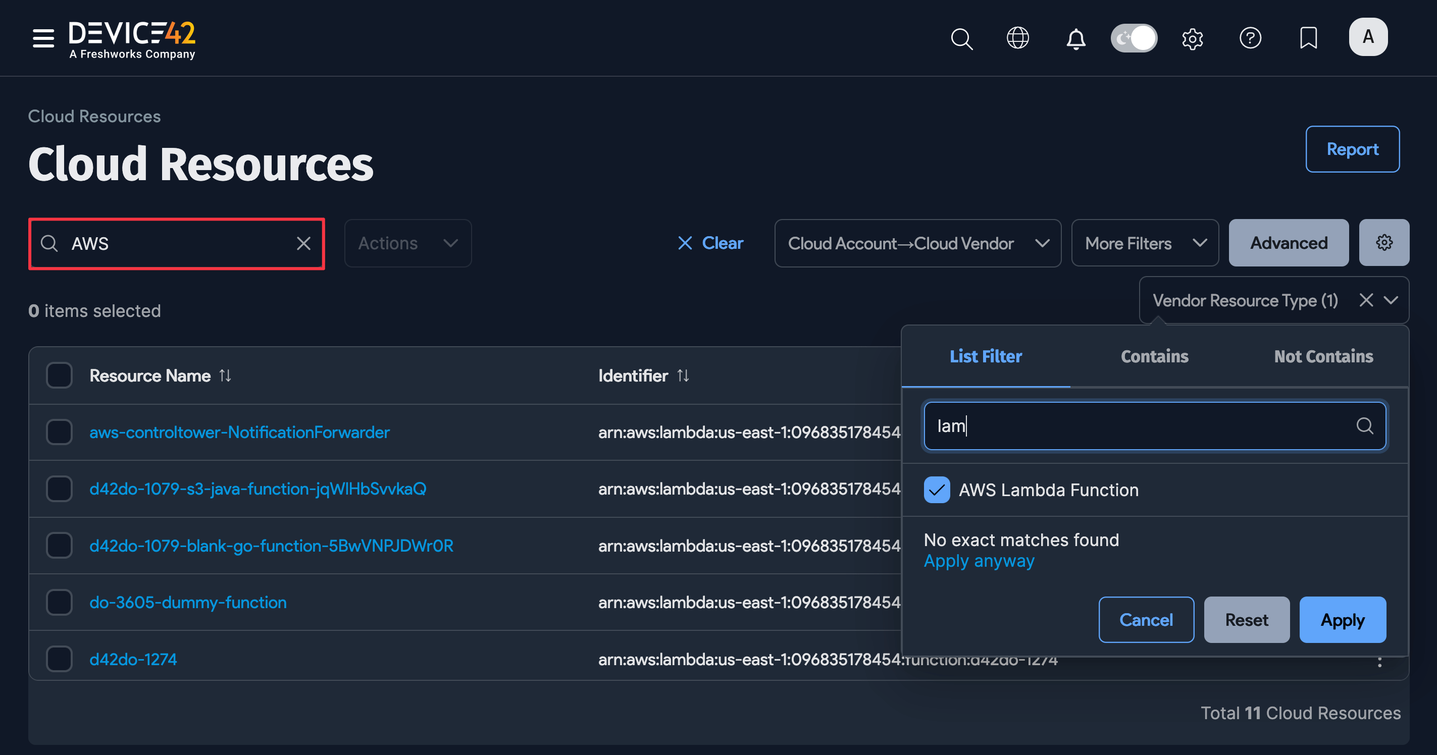 Cloud Resources list page