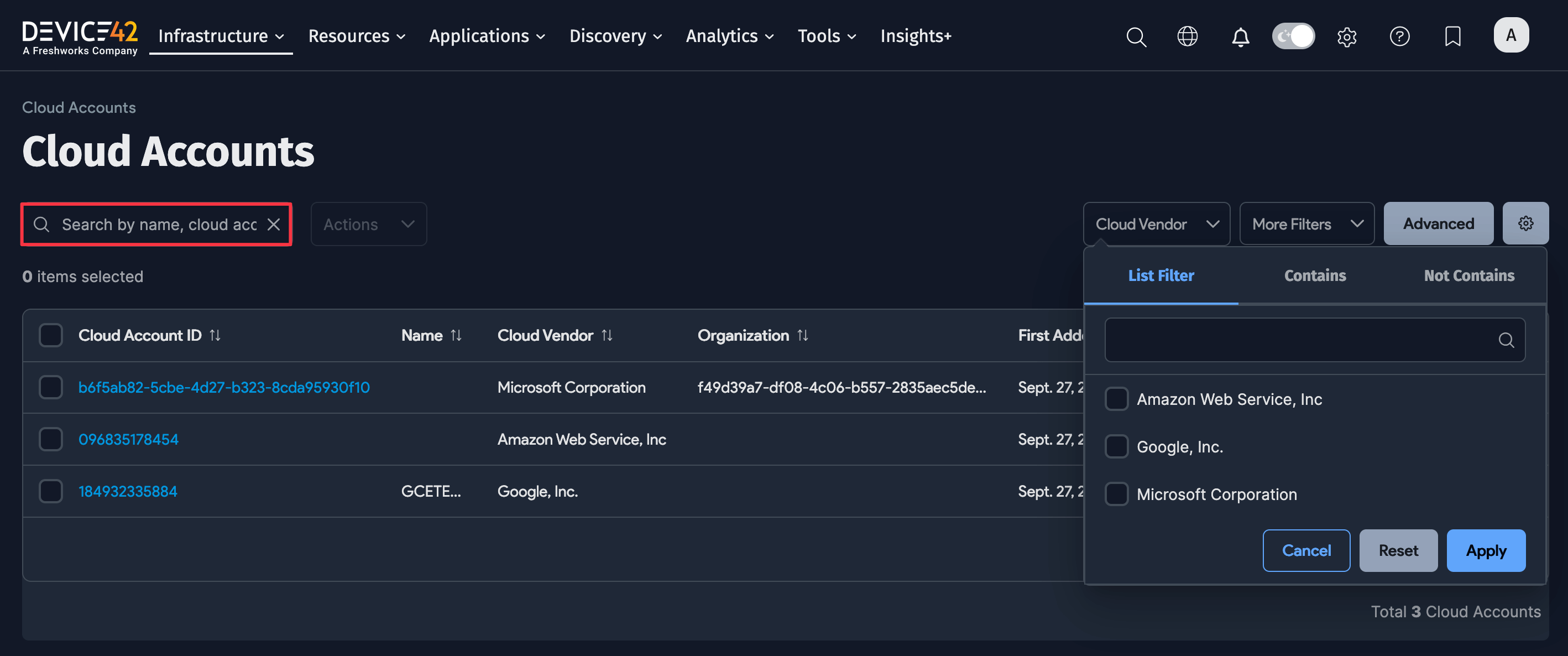 Cloud Resources list page with filter