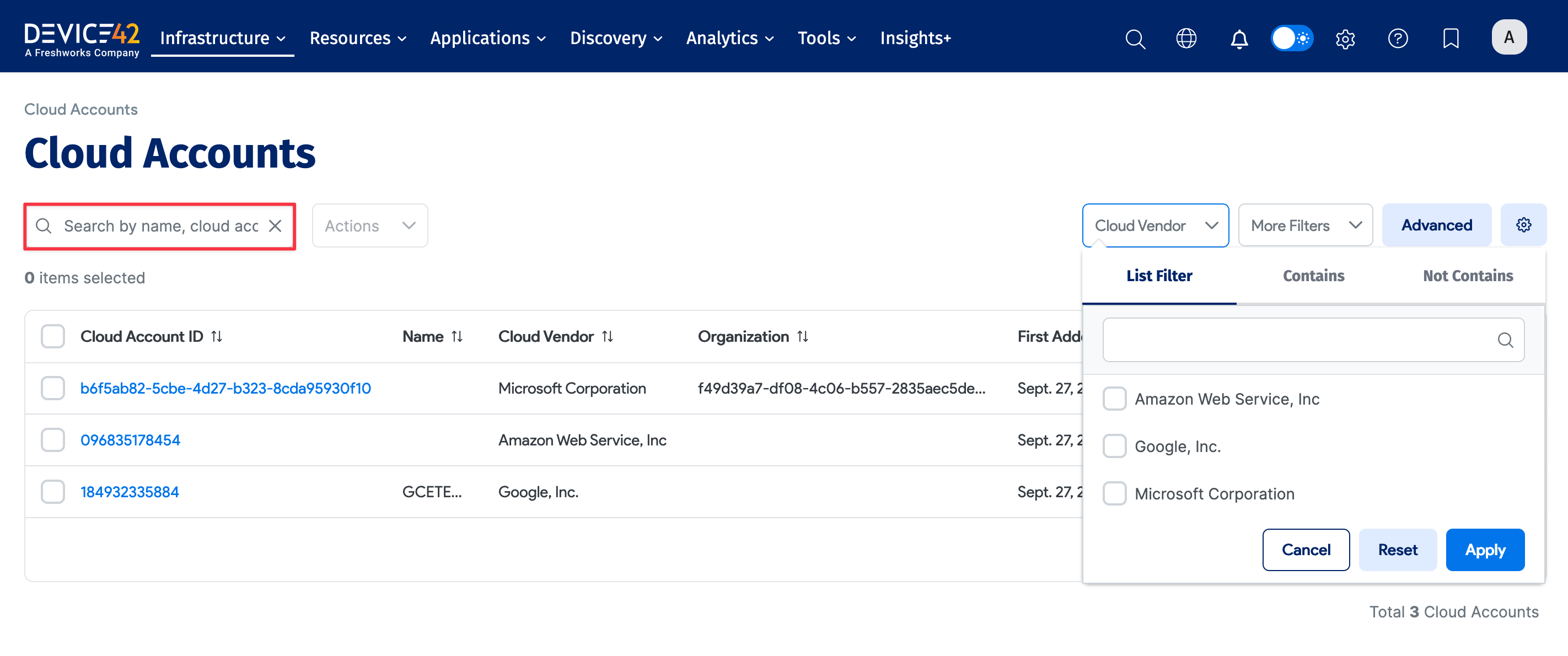 Cloud Resources list page with filter