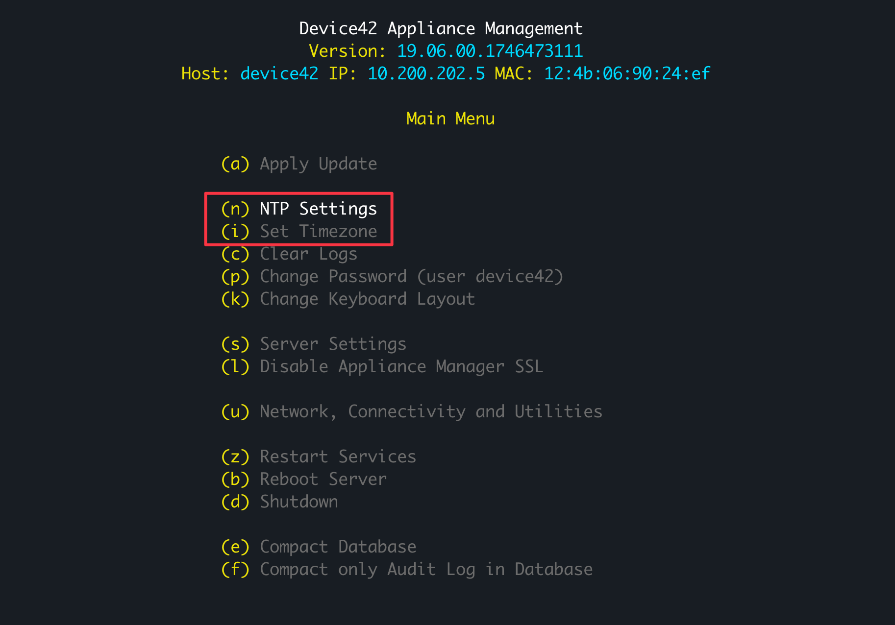 NTP and Time Zone settings d42 Console