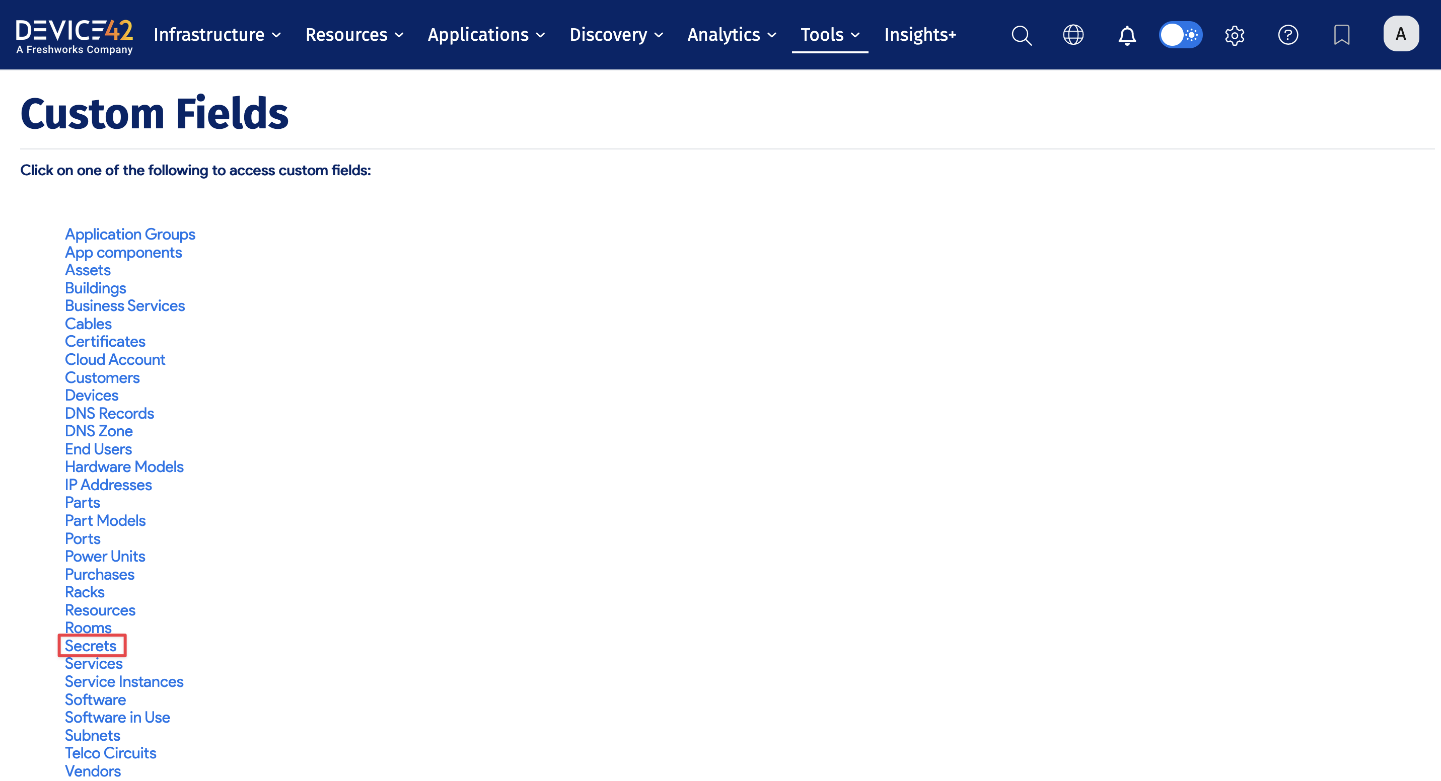 Secrets link on Custom Fields page