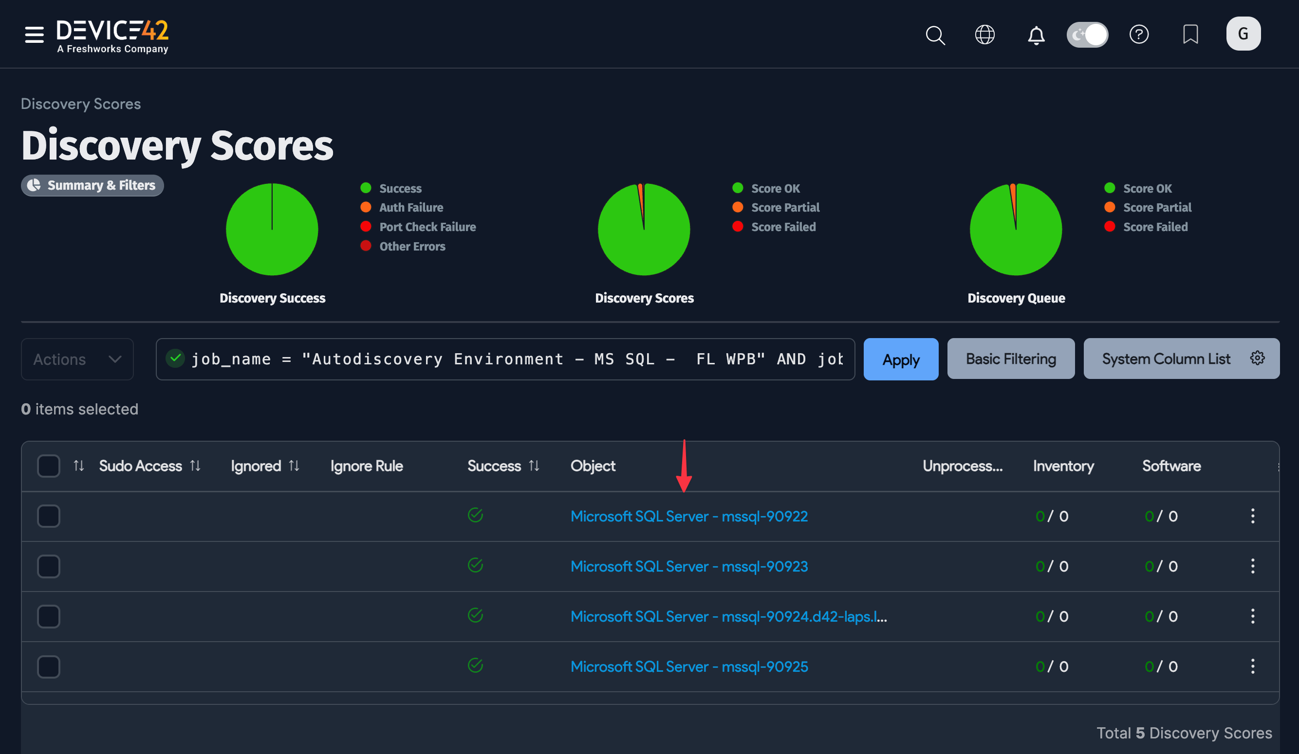 Discovery Scores view