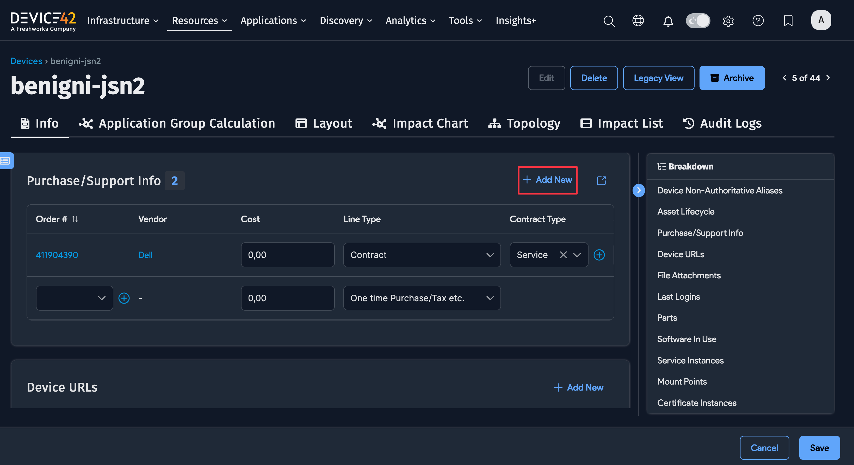 Add new Purchase/Support Info