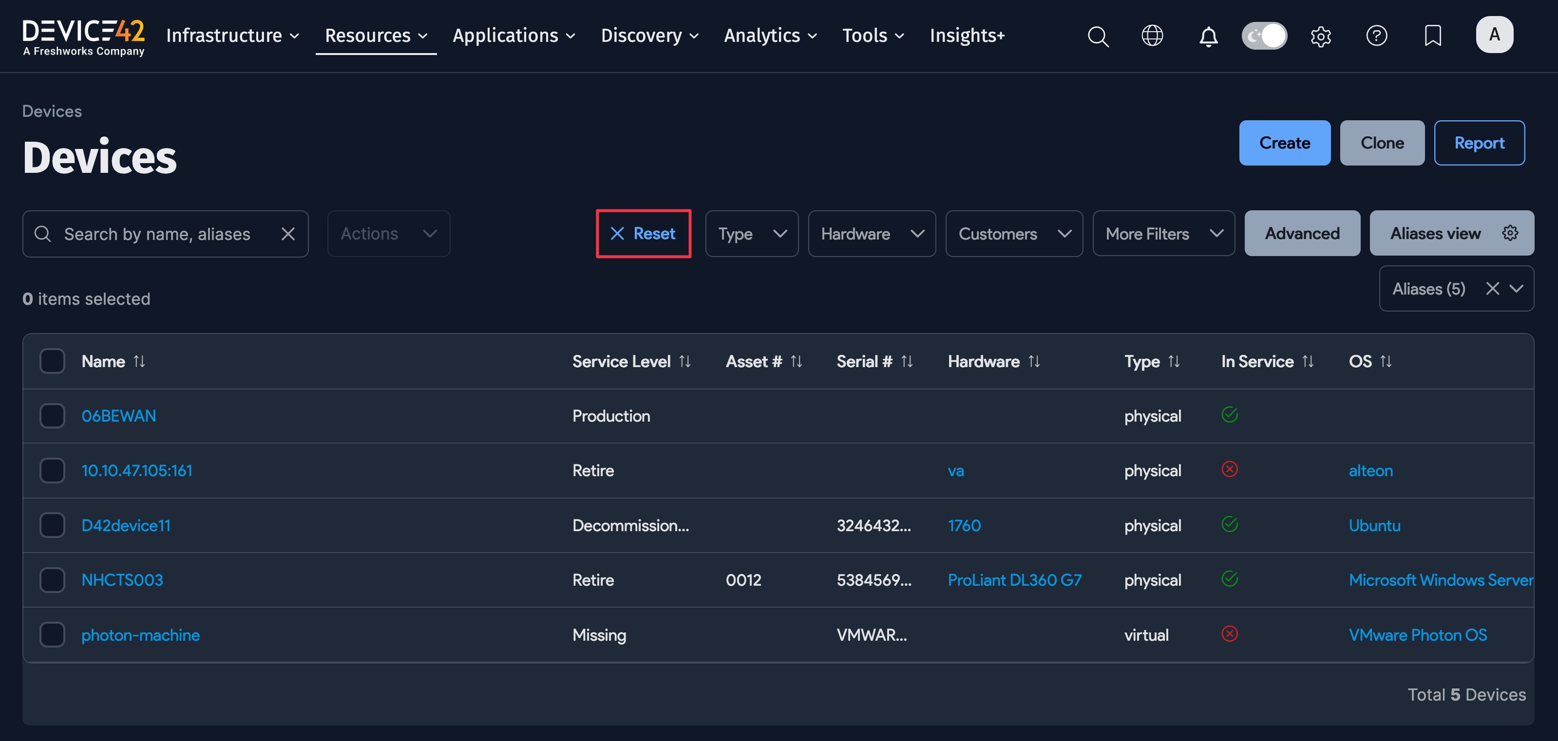 Reset filters option