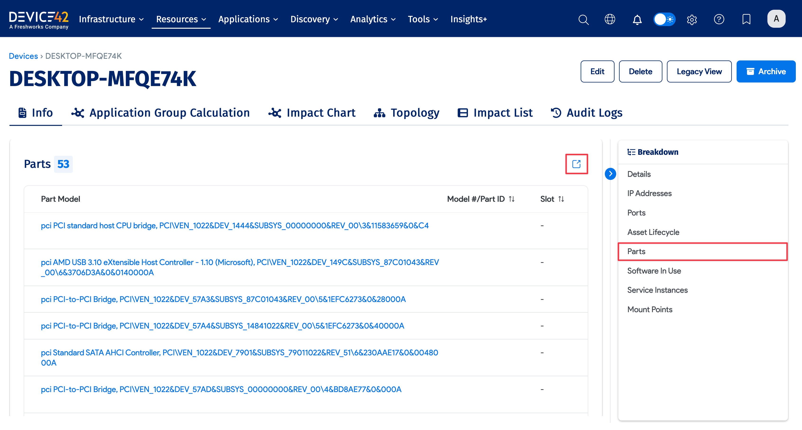 Device Parts section