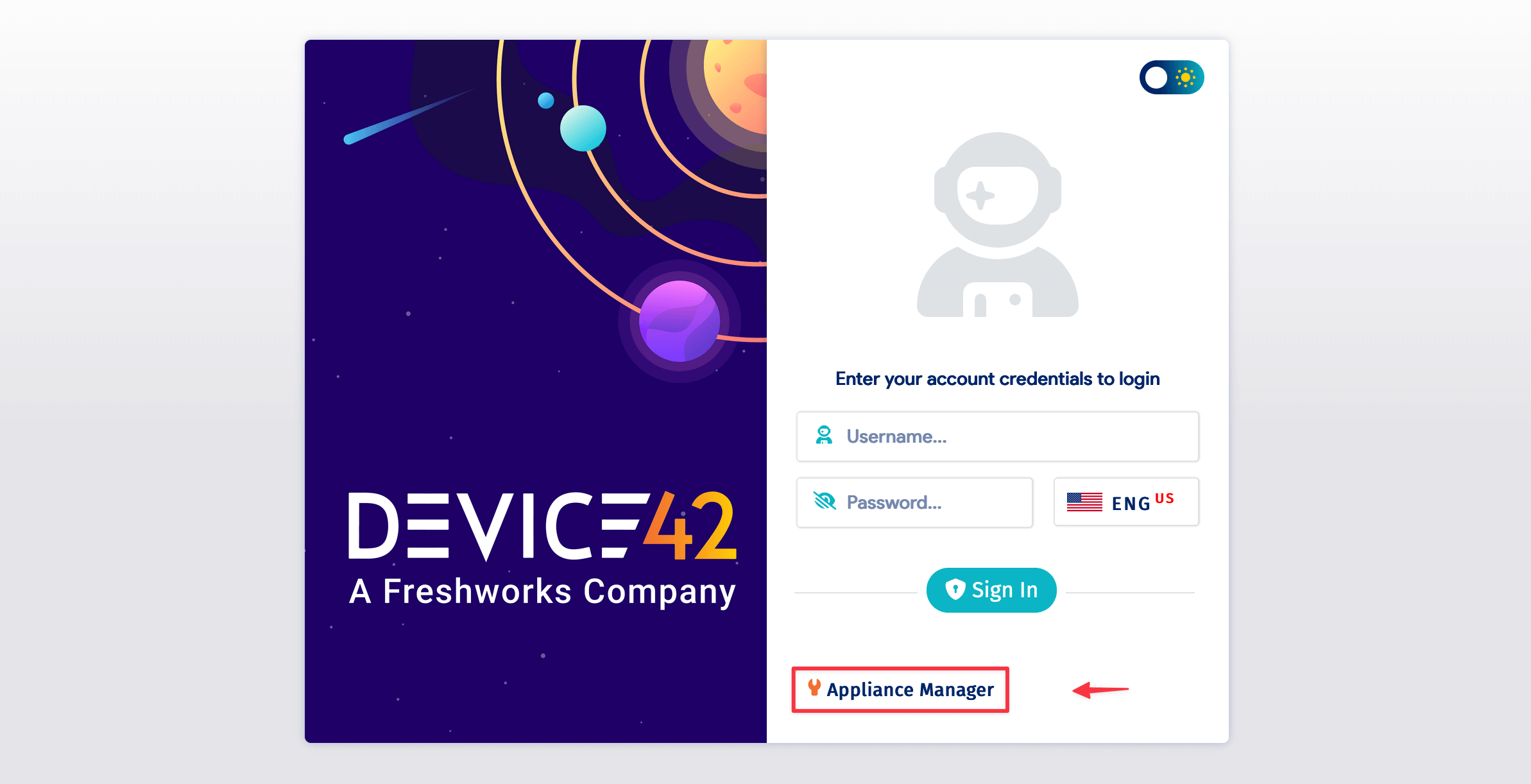 Main Appliance login screen with Appliance Manager link