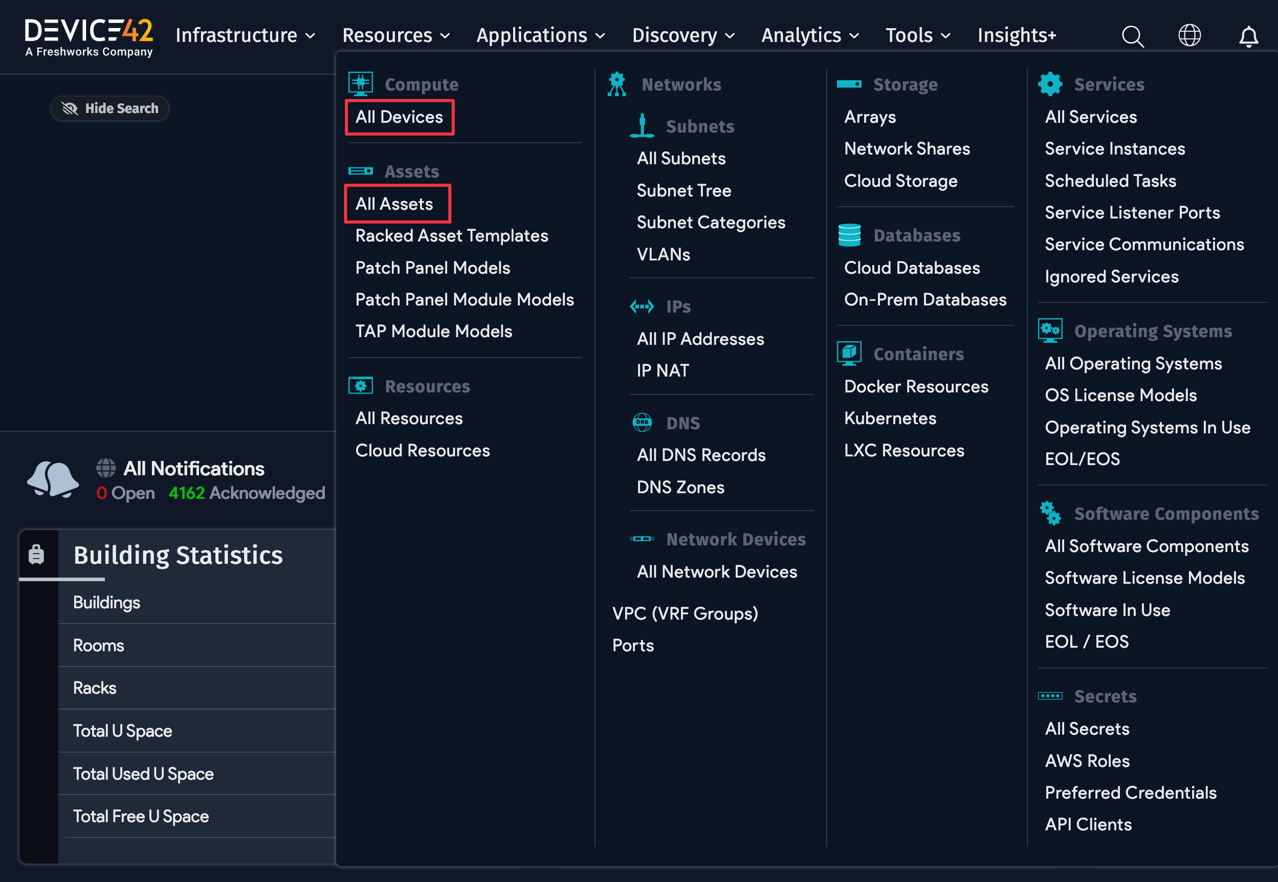 Device42 Resources menu