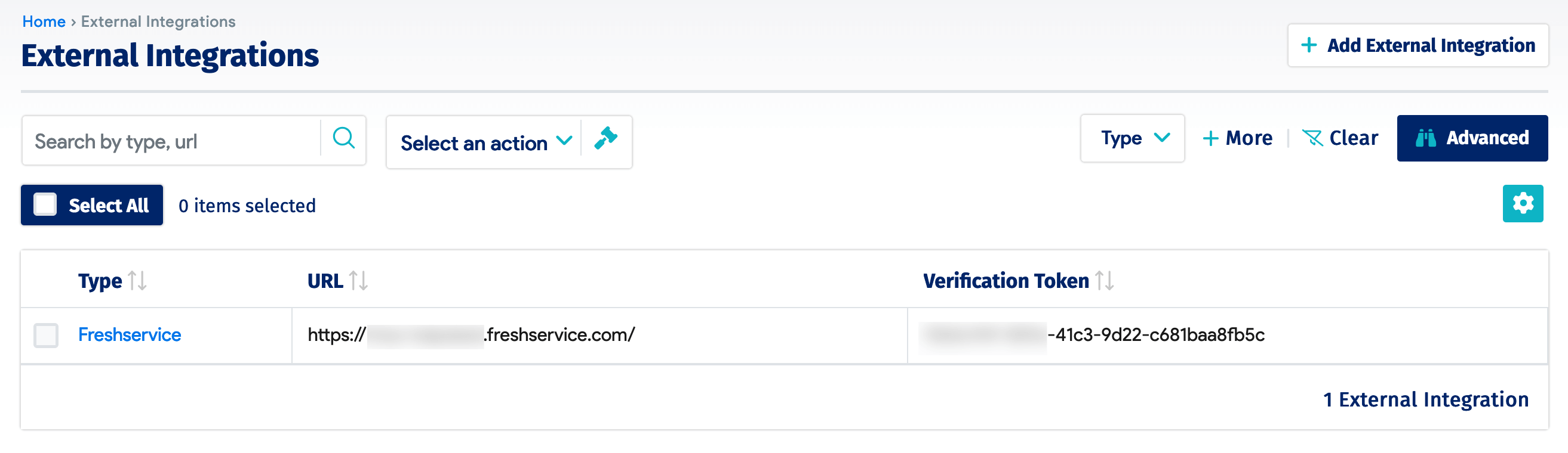 External integrations list page