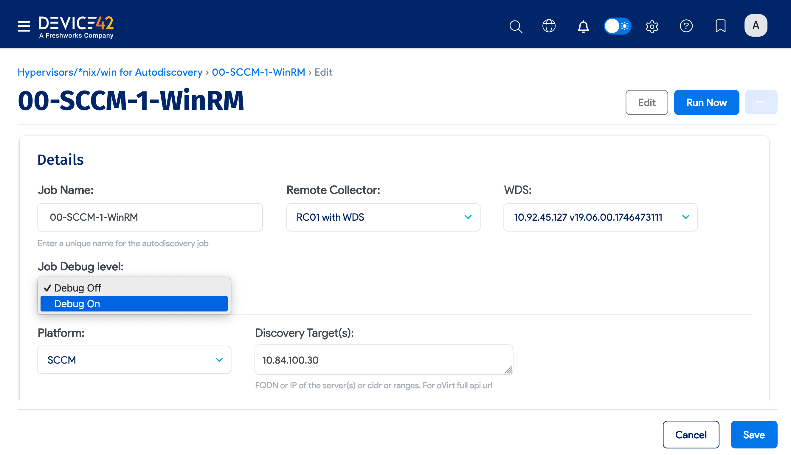 Enable debug by editing discovery job settings