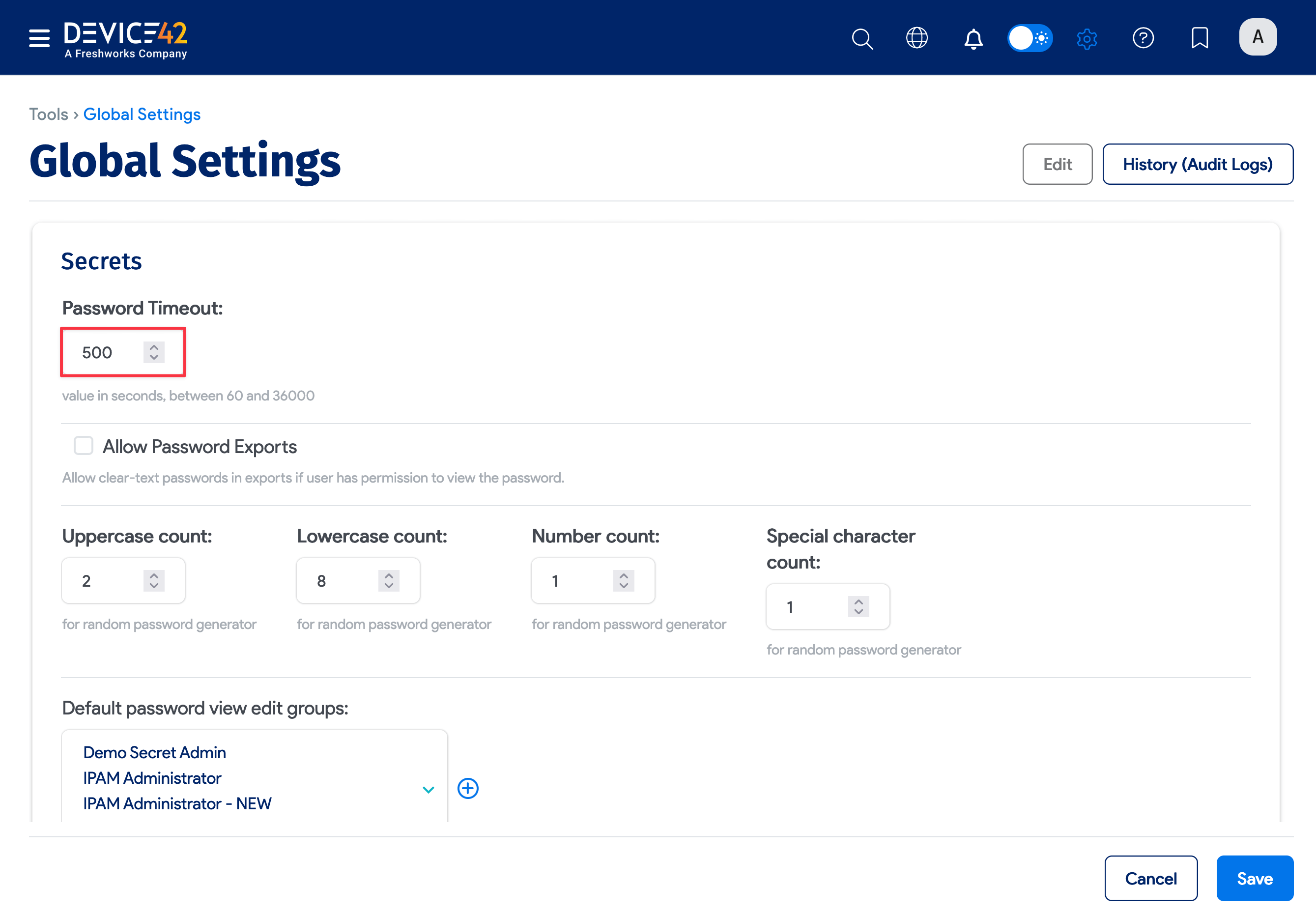 Secrets section of Global Settings
