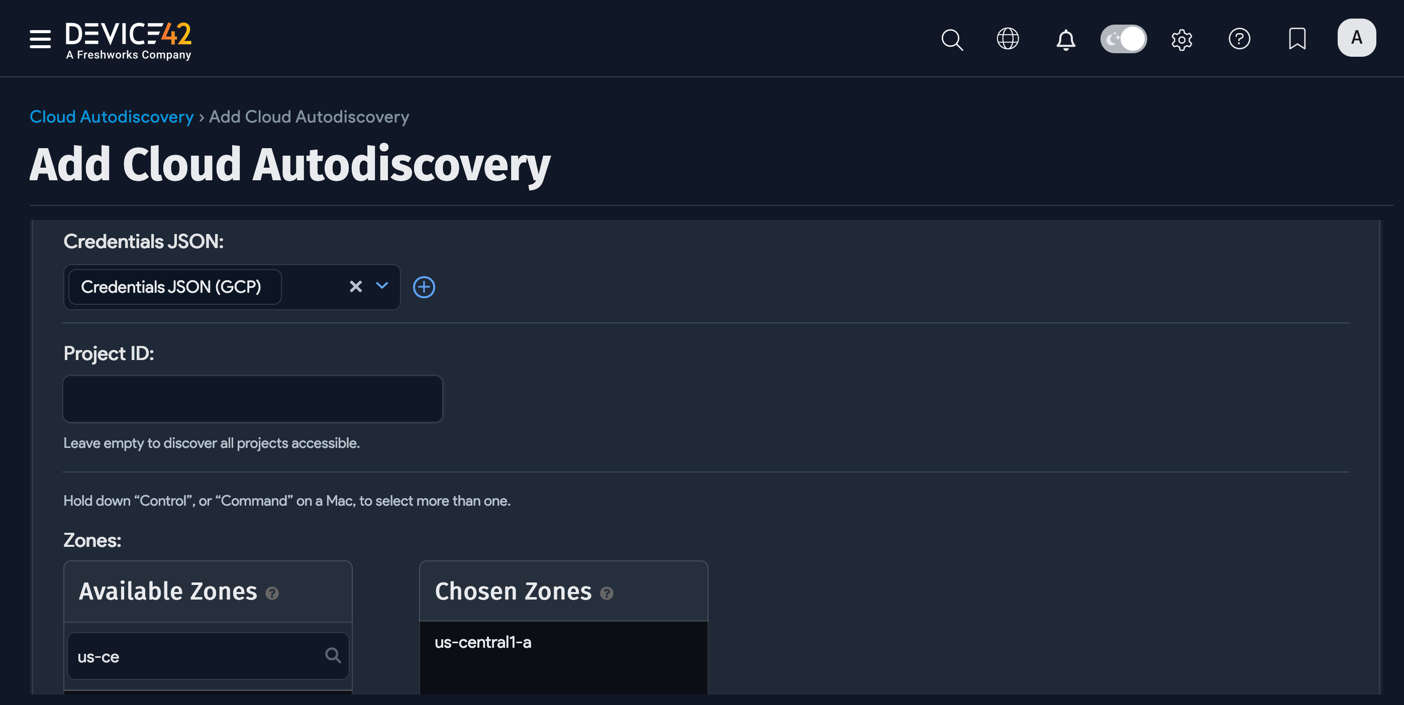 Add Google Cloud discovery form
