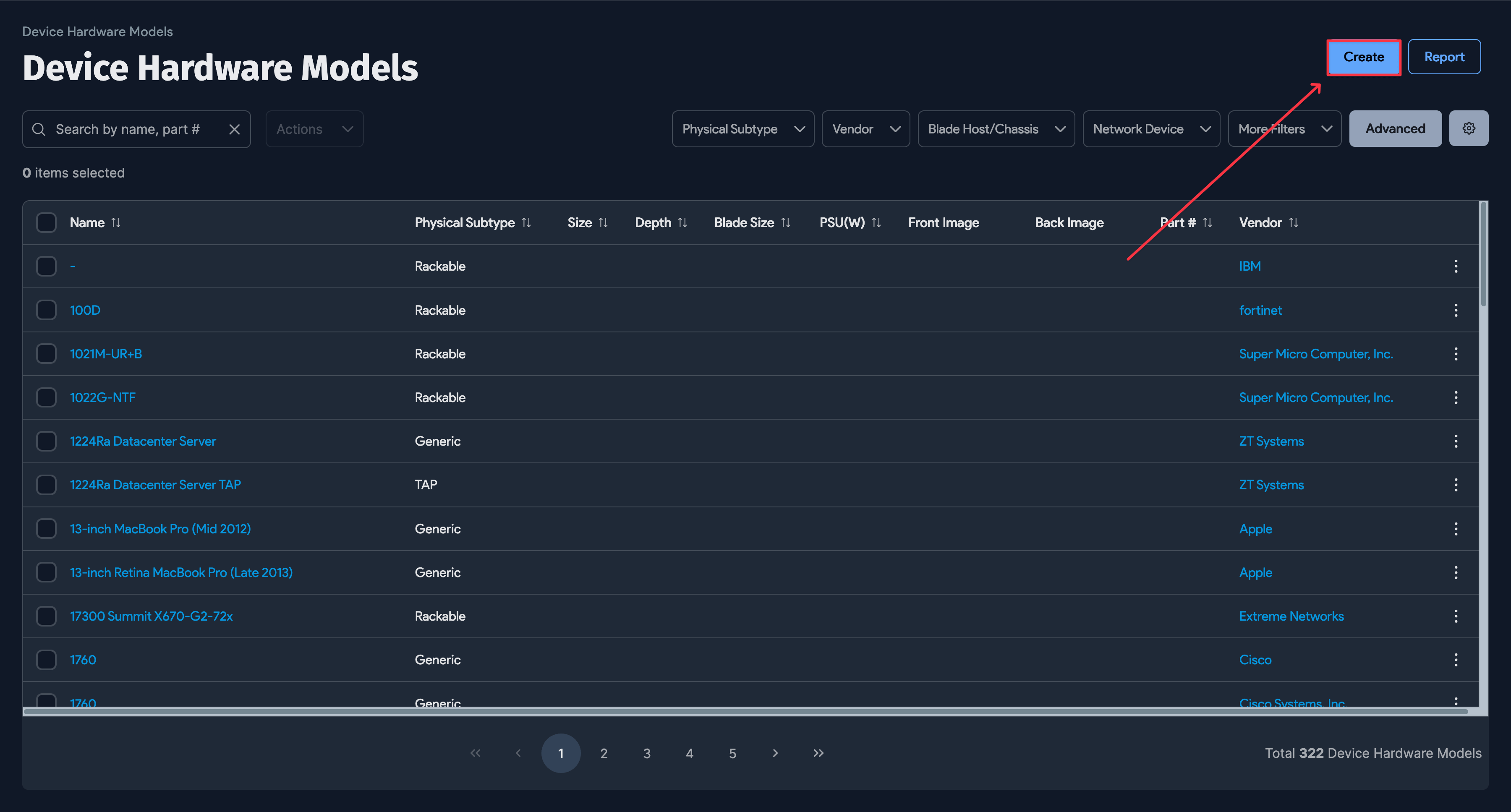 Hardware Model list page