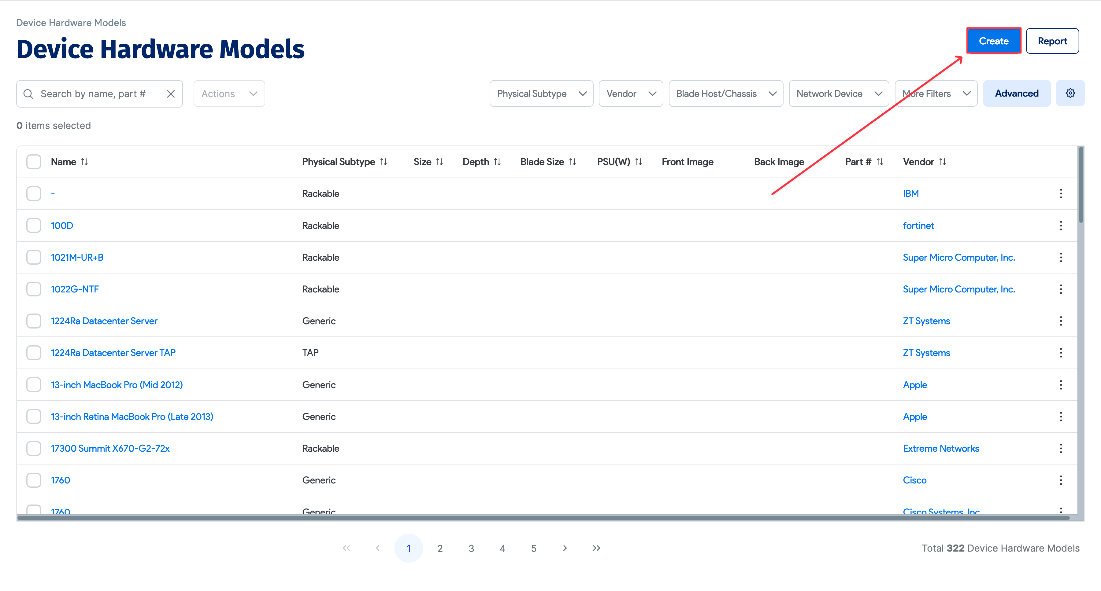 Hardware Model list page