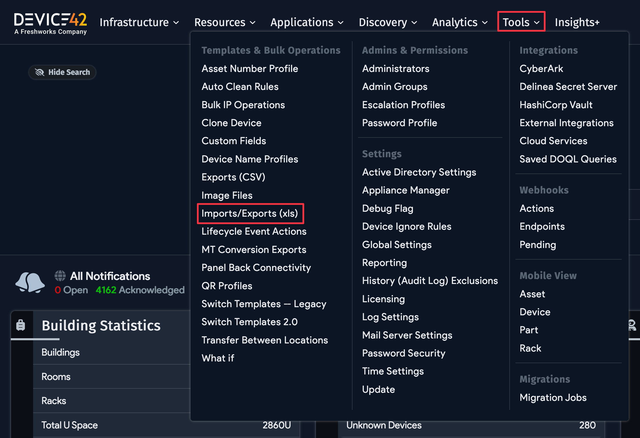 Select import/export menu