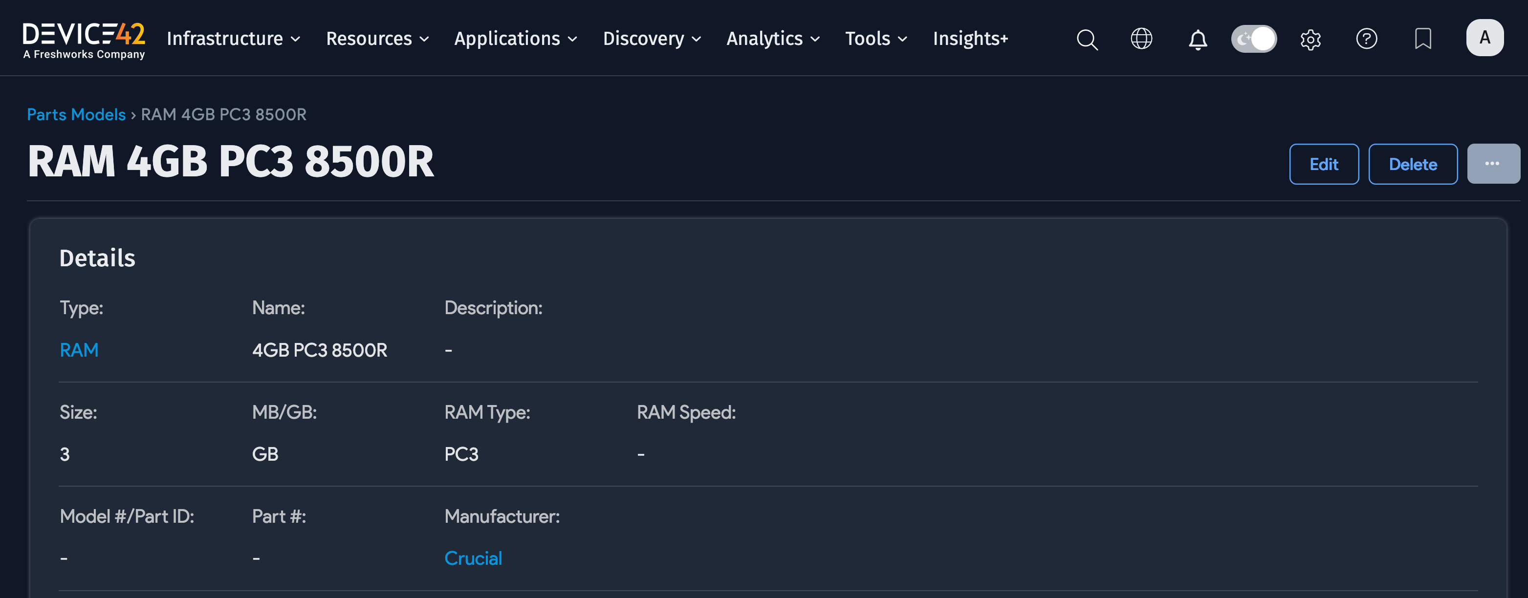 RAM part model detail view