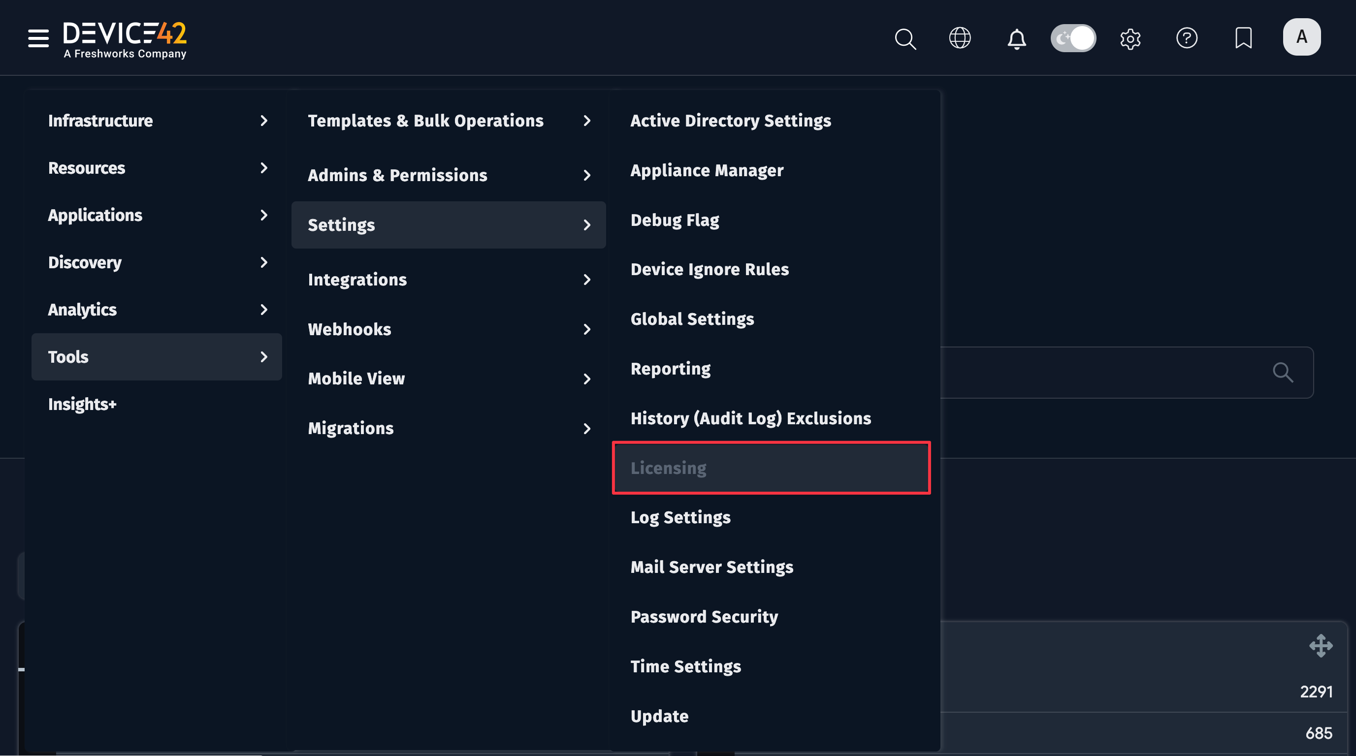 Licensing menu option