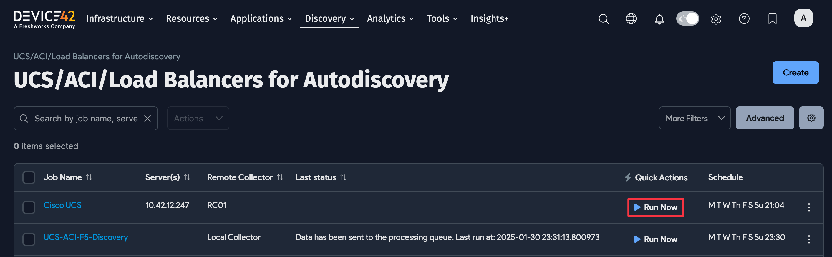 Run now option on list page