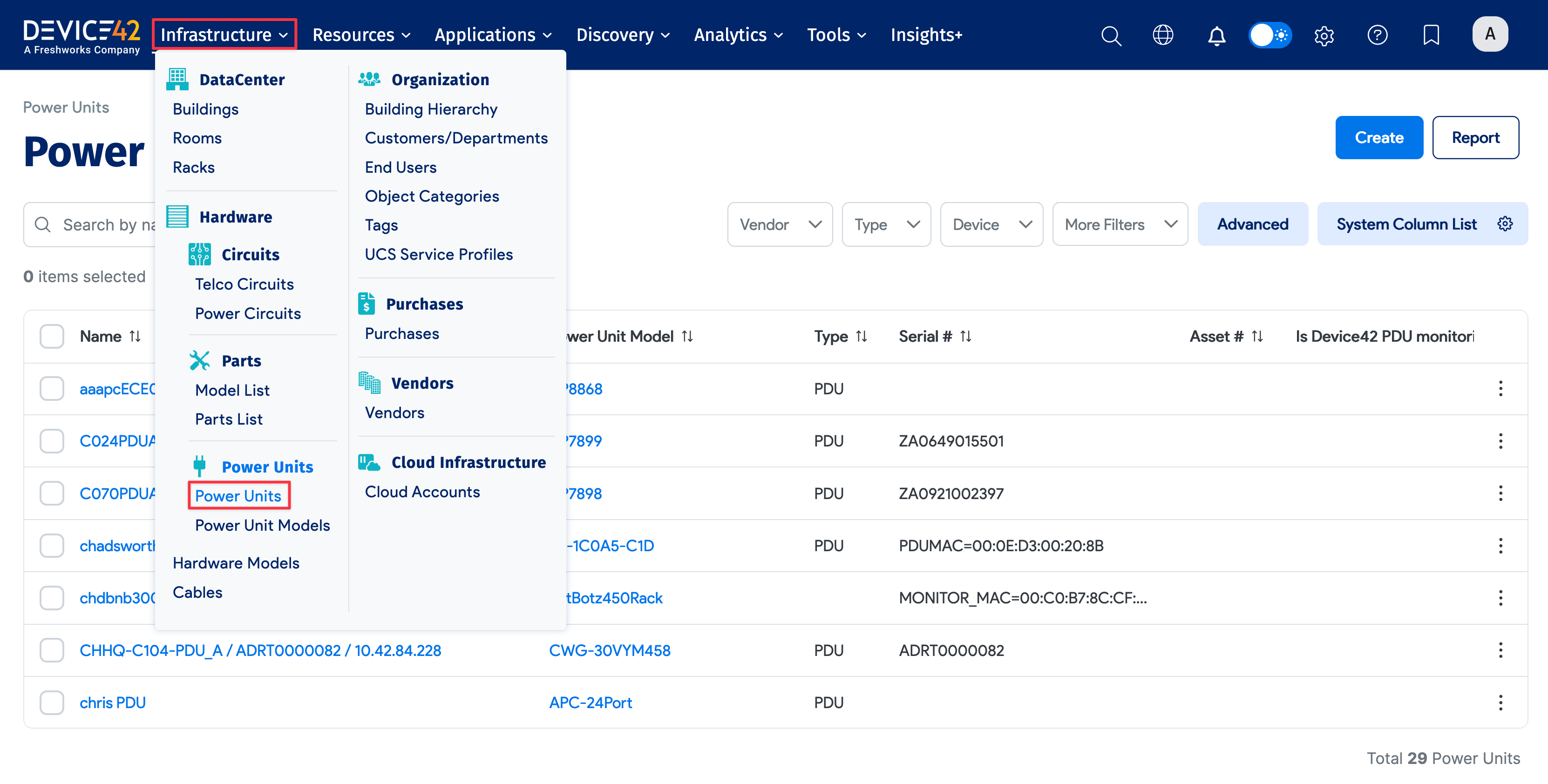 Power Units in the Infrastructure menu