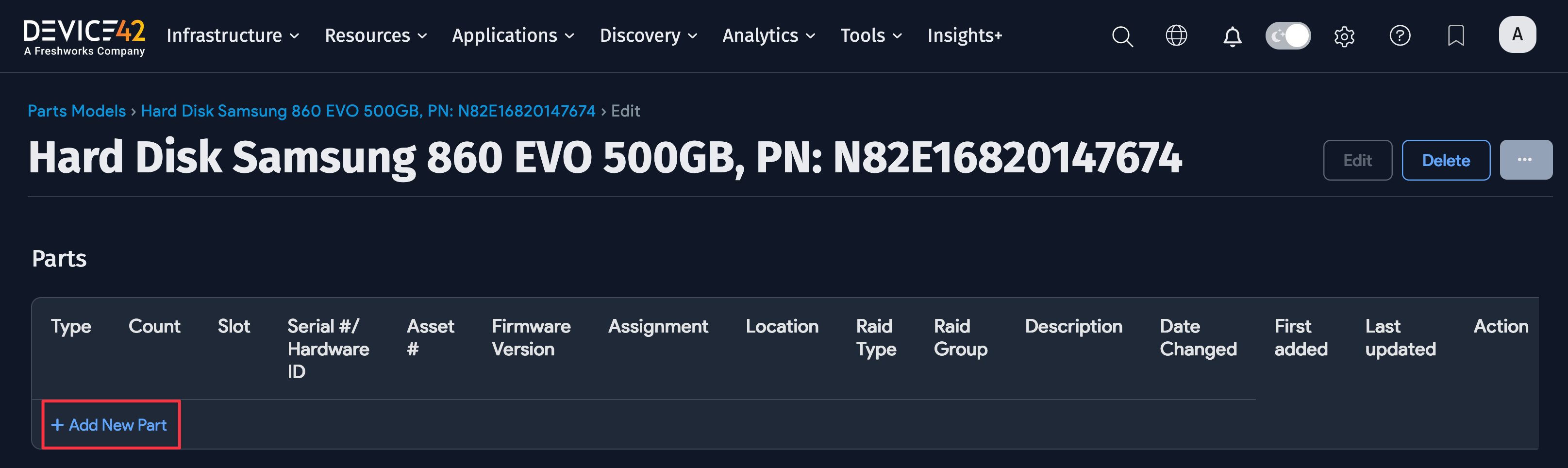 Add New Part link button