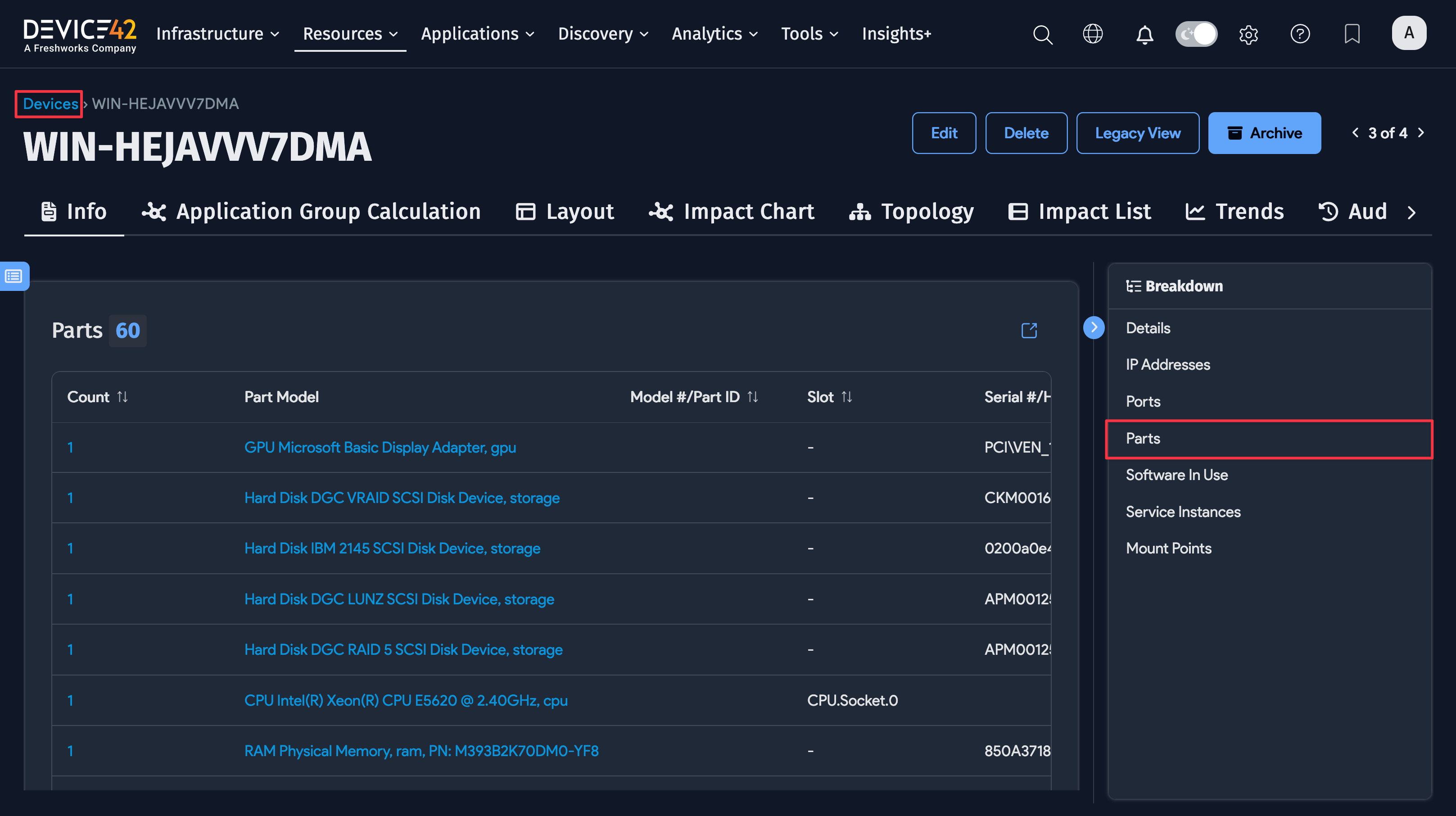 Parts associated with device tab view