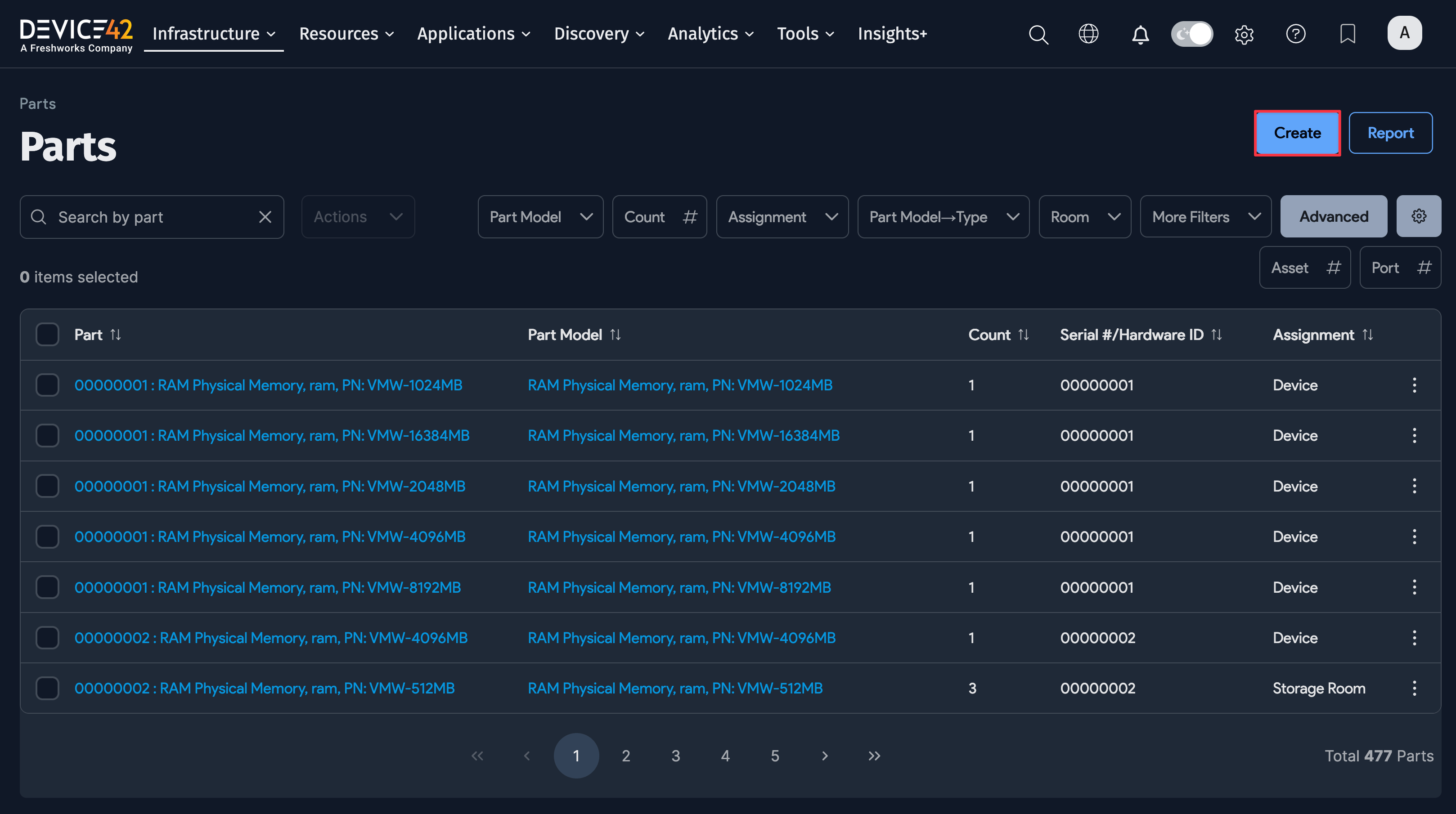 Parts list screen with select part to view