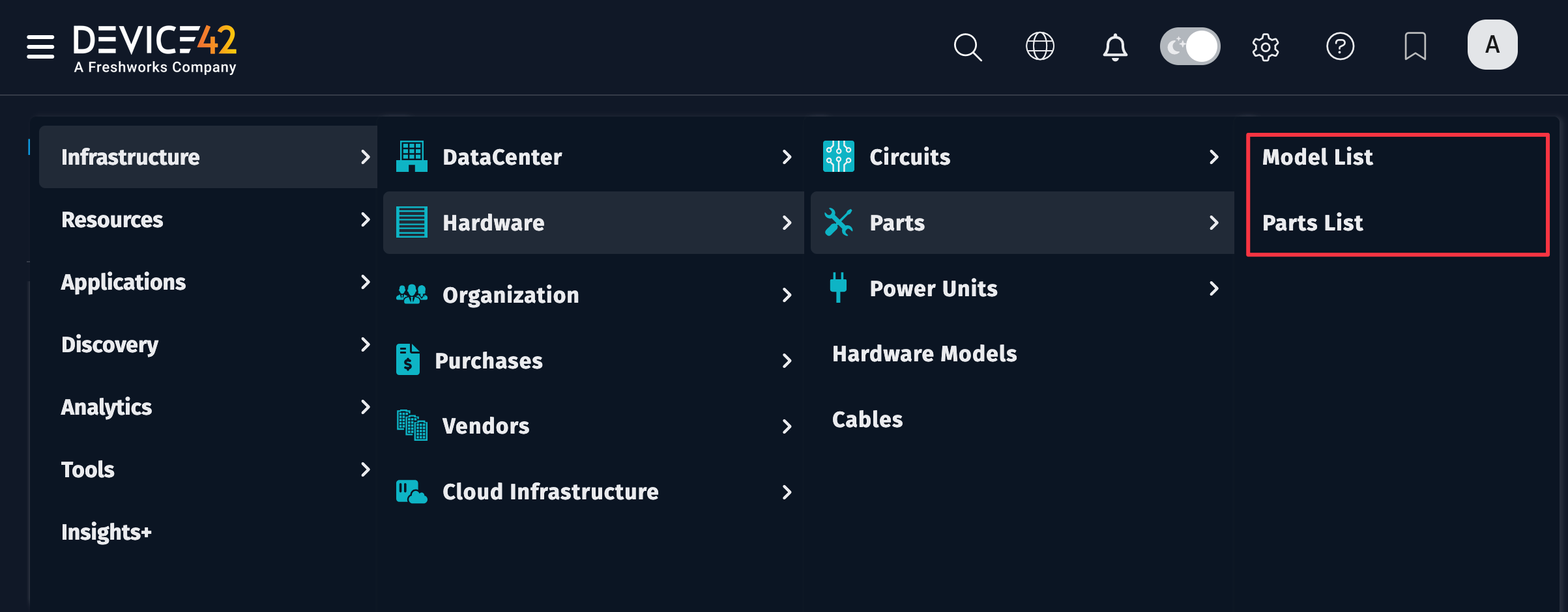 Parts menu item in main navigation
