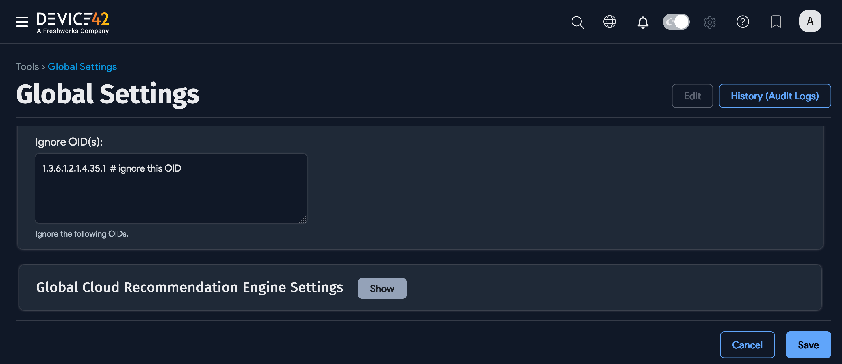 Global Settings Ignore OID(s) field