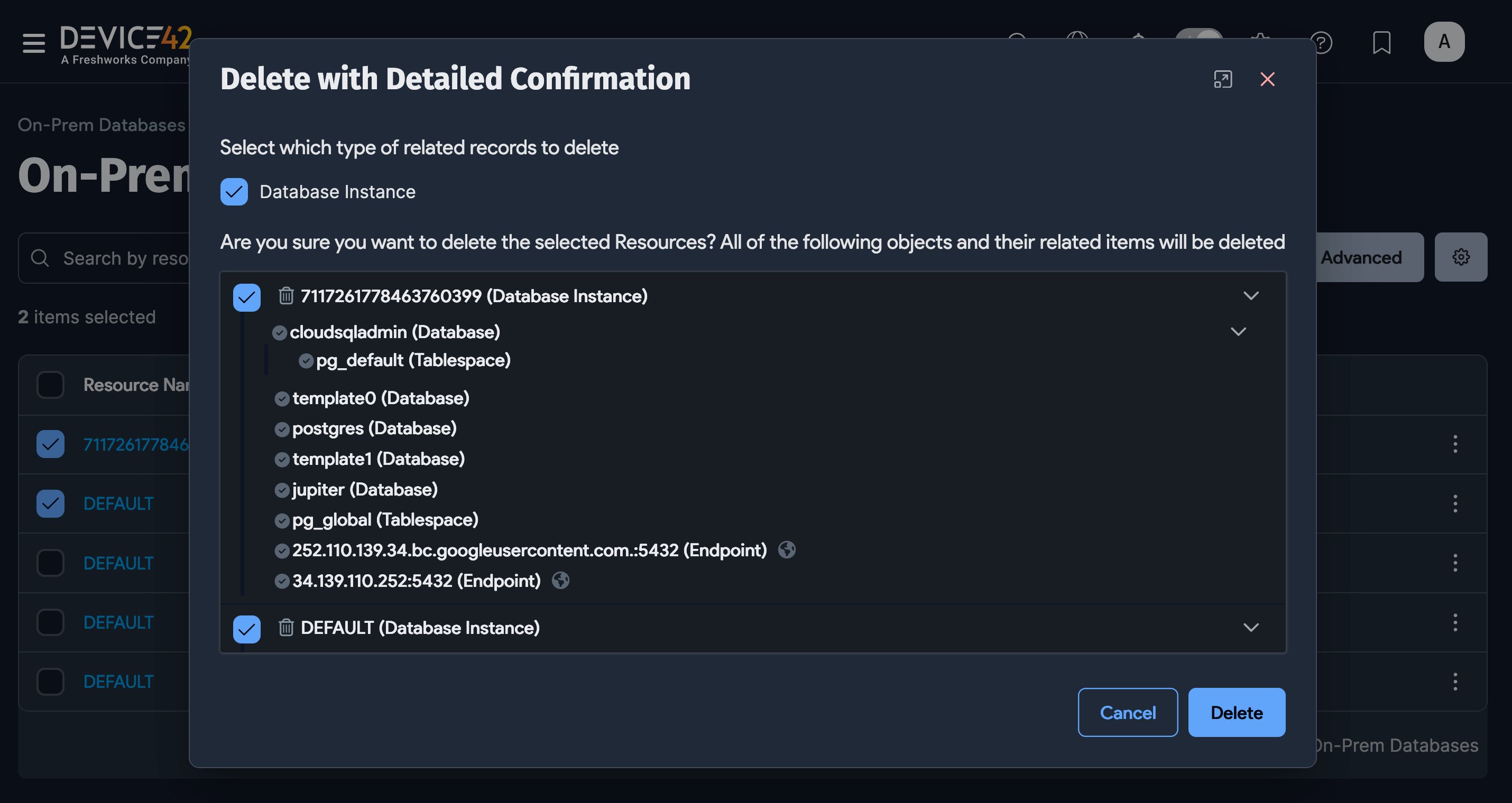 On-Prem Databases delete confirmation
