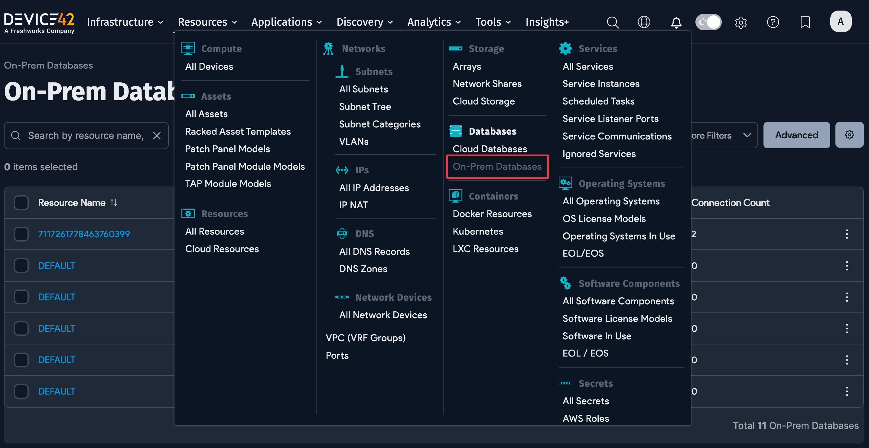 On-Prem Databases menu