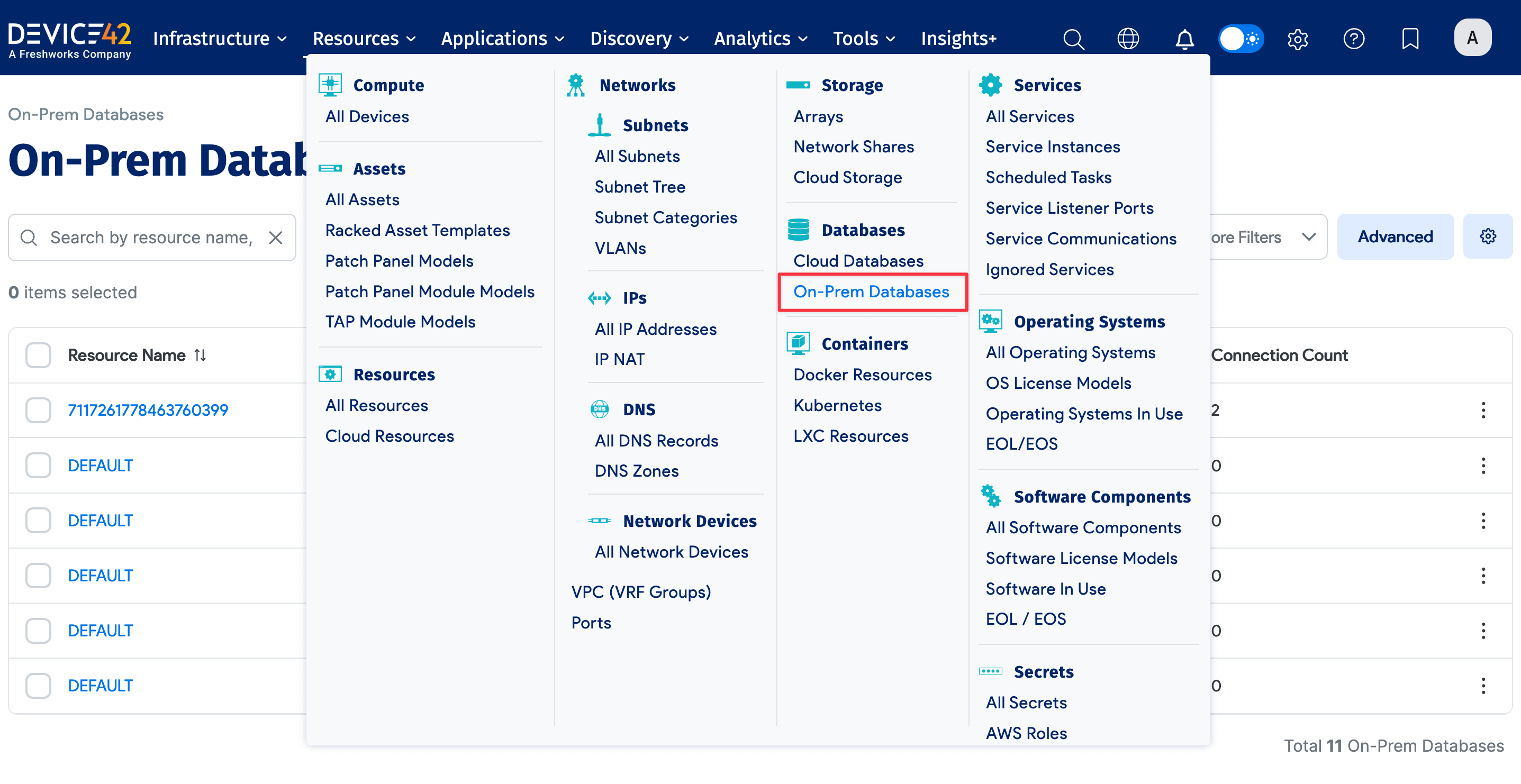 On-Prem Databases menu