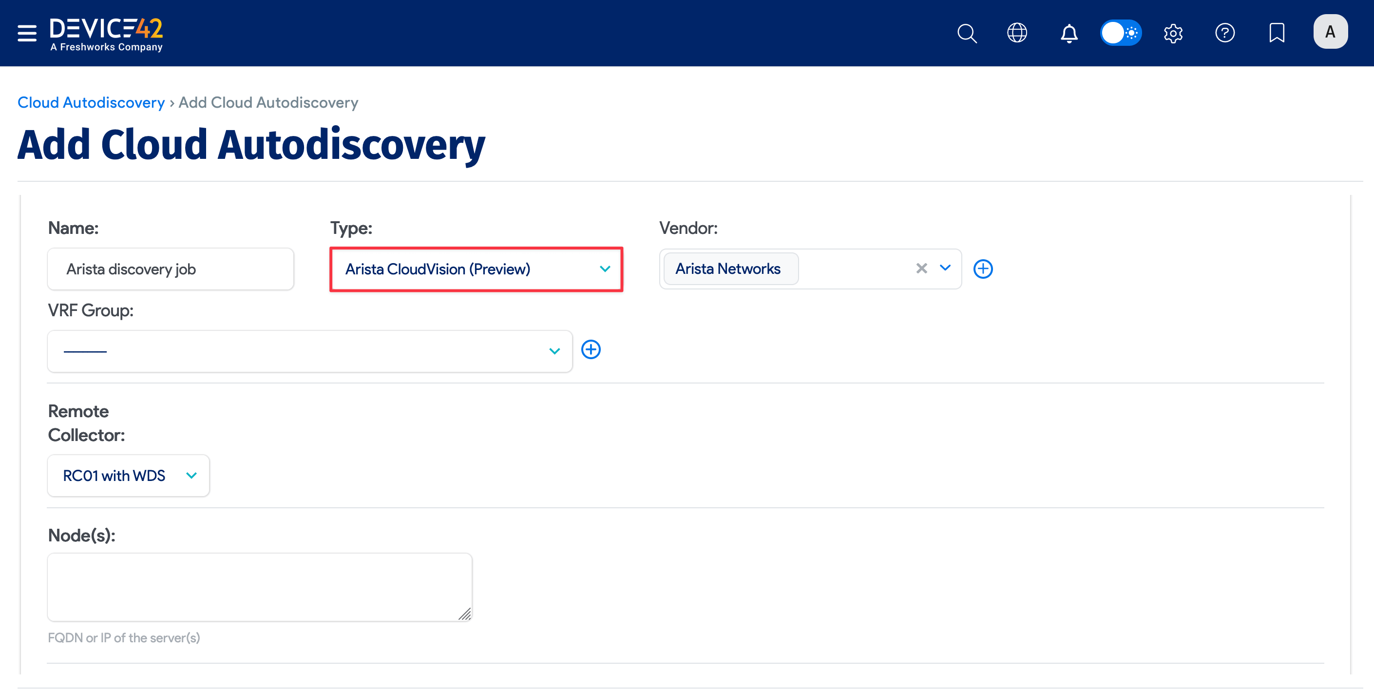 Add Arista CloudVision discovery details