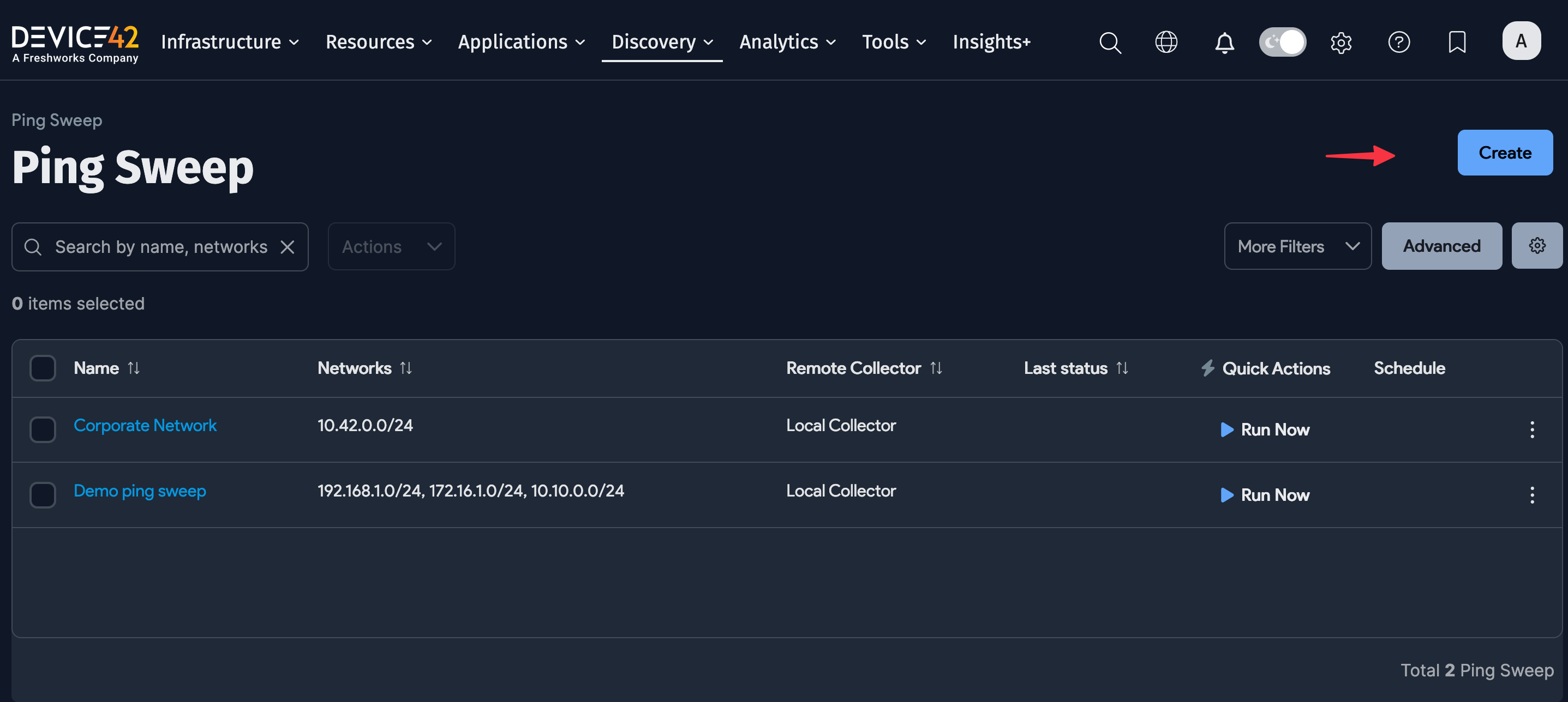 Ping Sweep list page