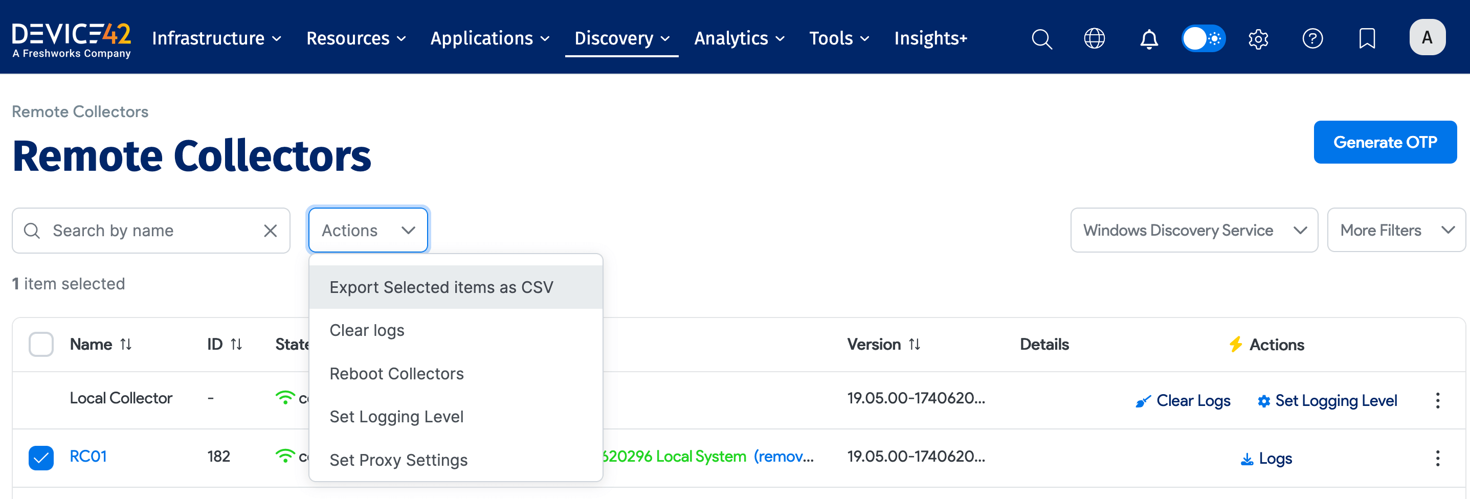 Remote Collector list page actions