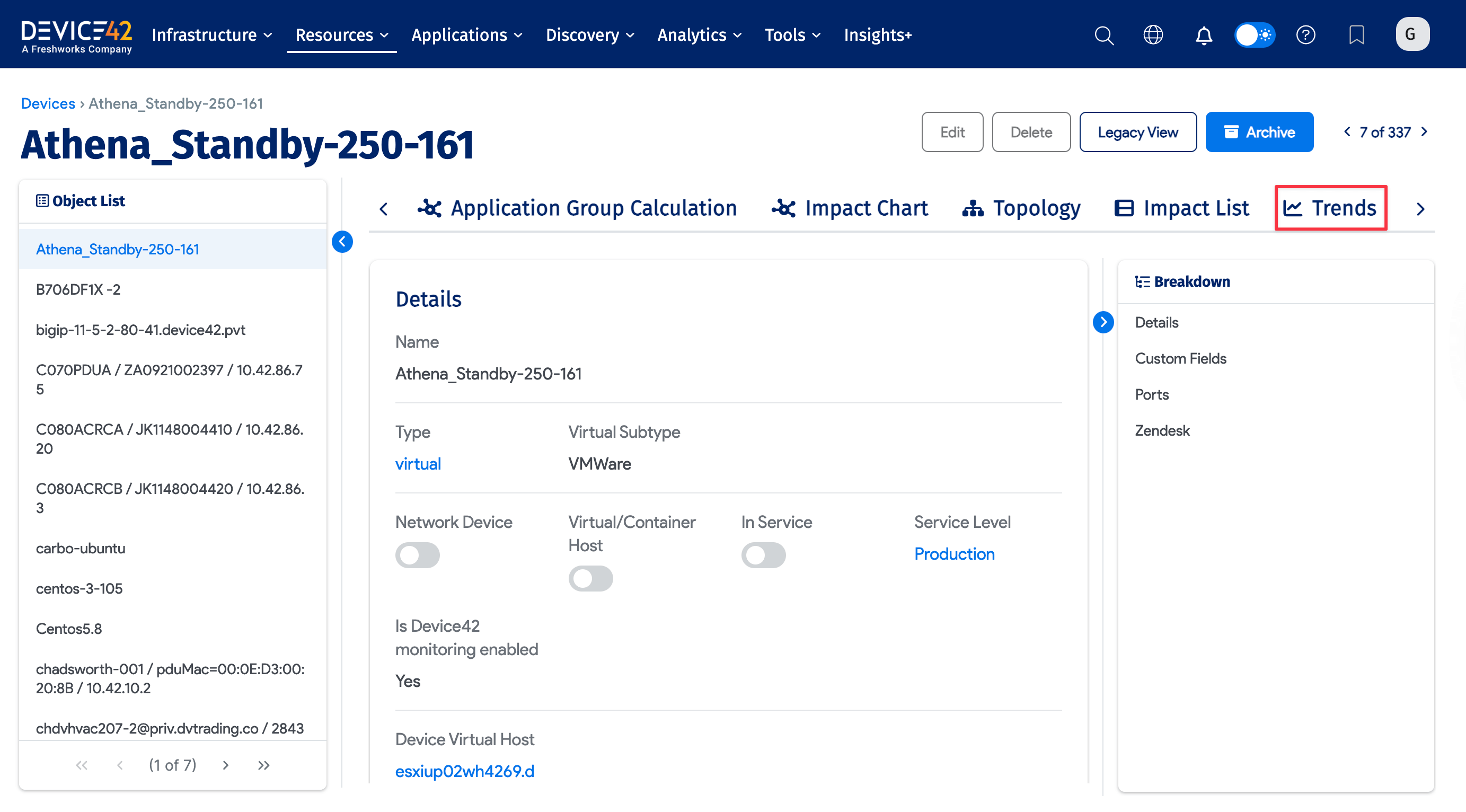 Trends button on a device view