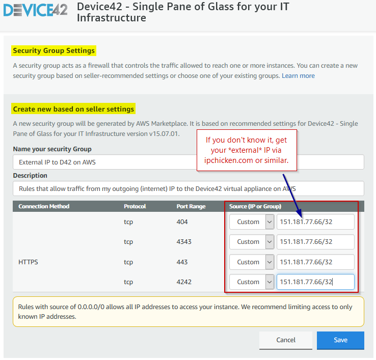 security group settings for access to Device42 on AWS