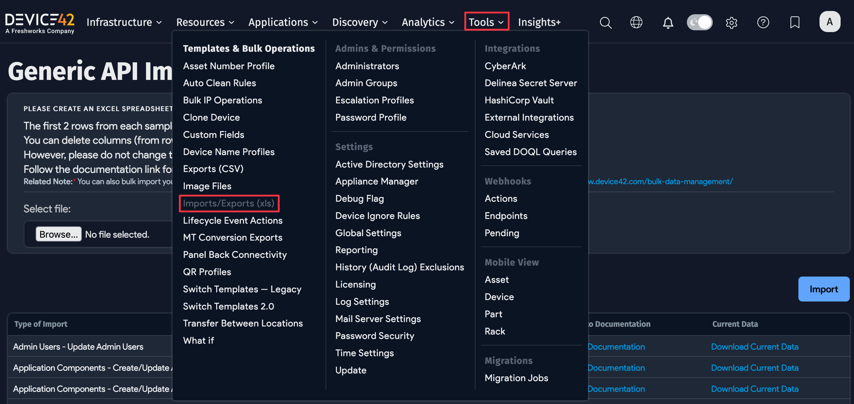 Imports/Exports (xls) menu location