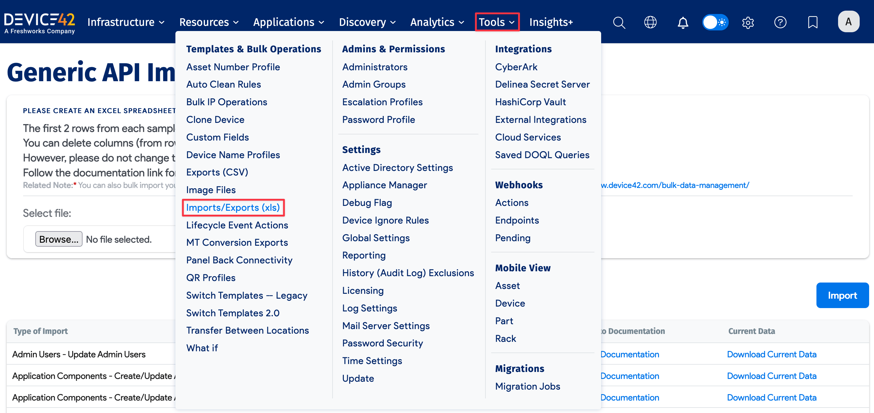 Imports/Exports (xls) menu location