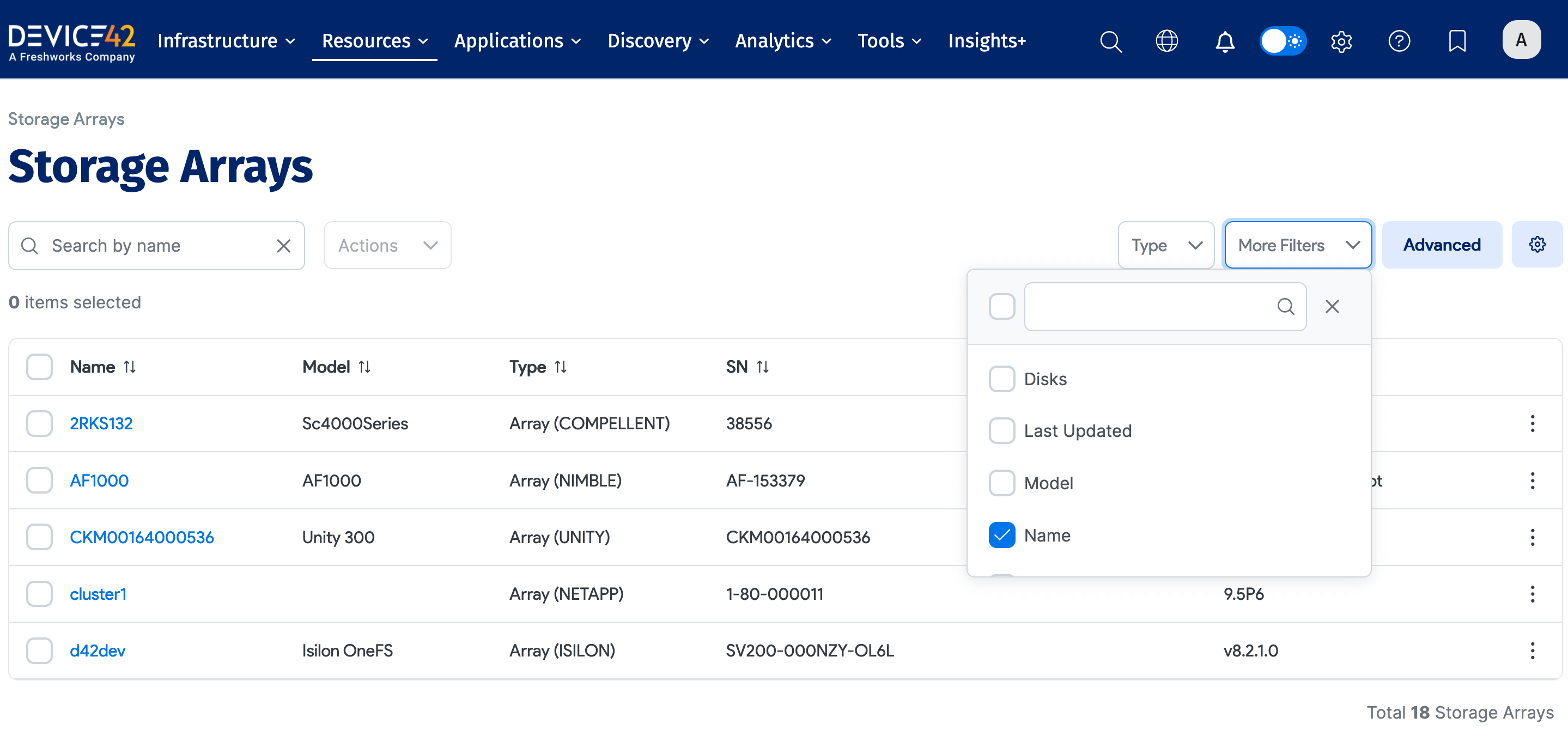 Storage arrays search and filter